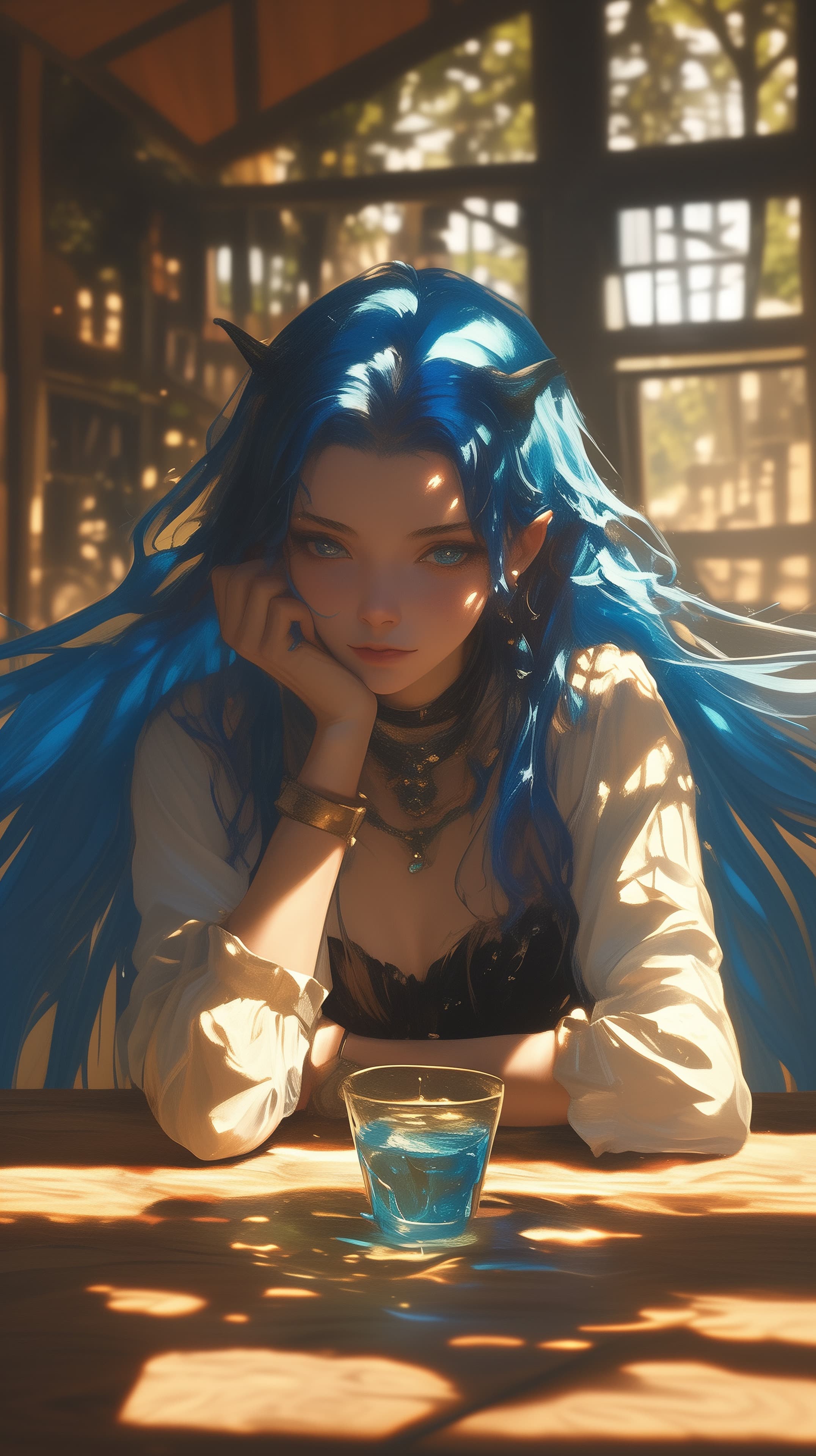 Vibrant Blue-Hair Fantasy Portrait in a Sunlit Café Interior - High Resolution anime-inspired Wallpaper for Mobile and Desktop