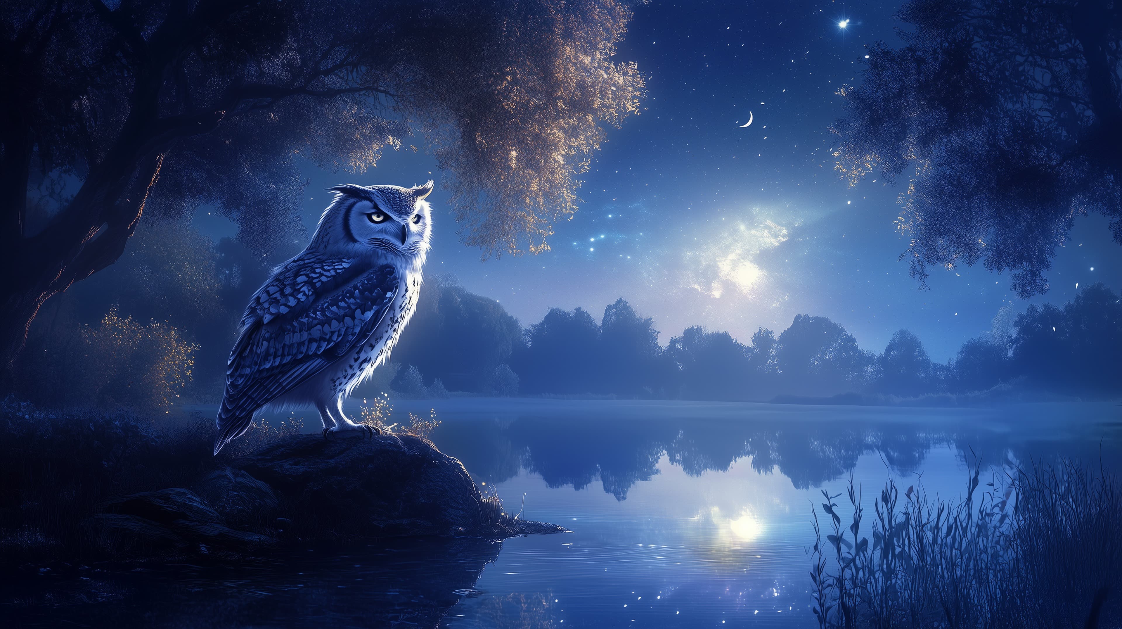 Moonlit Night Owl by Serene Lake - Dreamy Blue Landscape - High Resolution blue Wallpaper for Mobile and Desktop