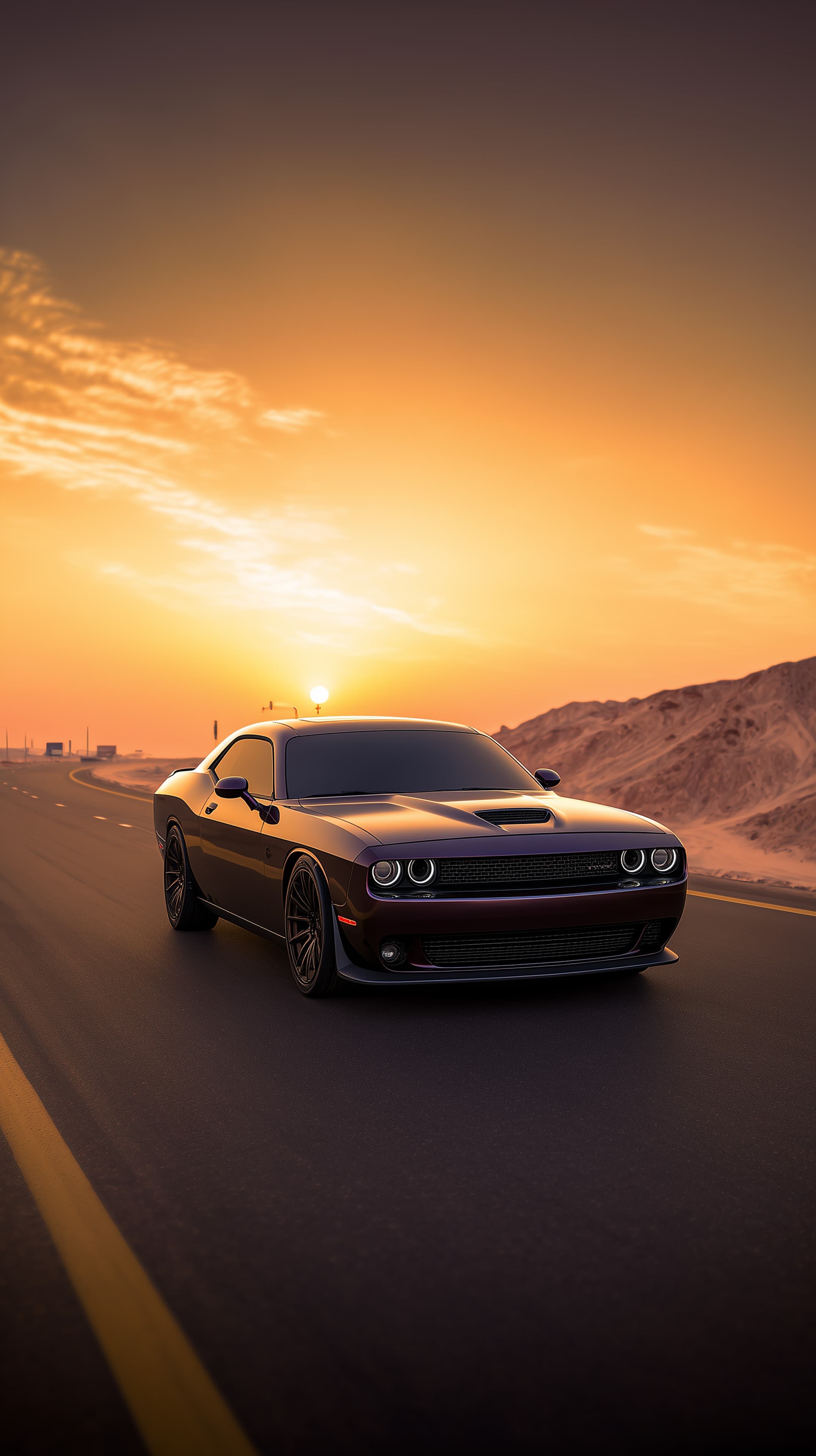 Desert Sunset Muscle Car on an Open Highway at Dusk - High Resolution automotive-wallpaper Wallpaper for Mobile and Desktop