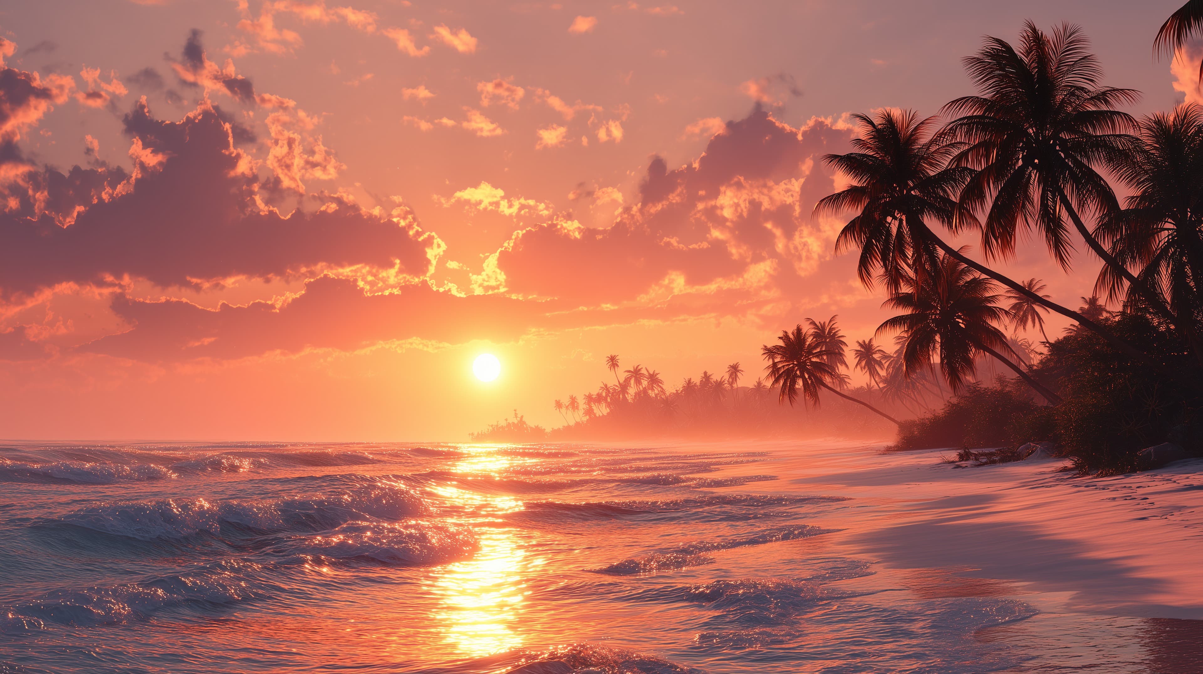 Tropical Sunset Beach Wallpaper with Palm Trees and Ocean Waves - High Resolution beach Wallpaper for Mobile and Desktop