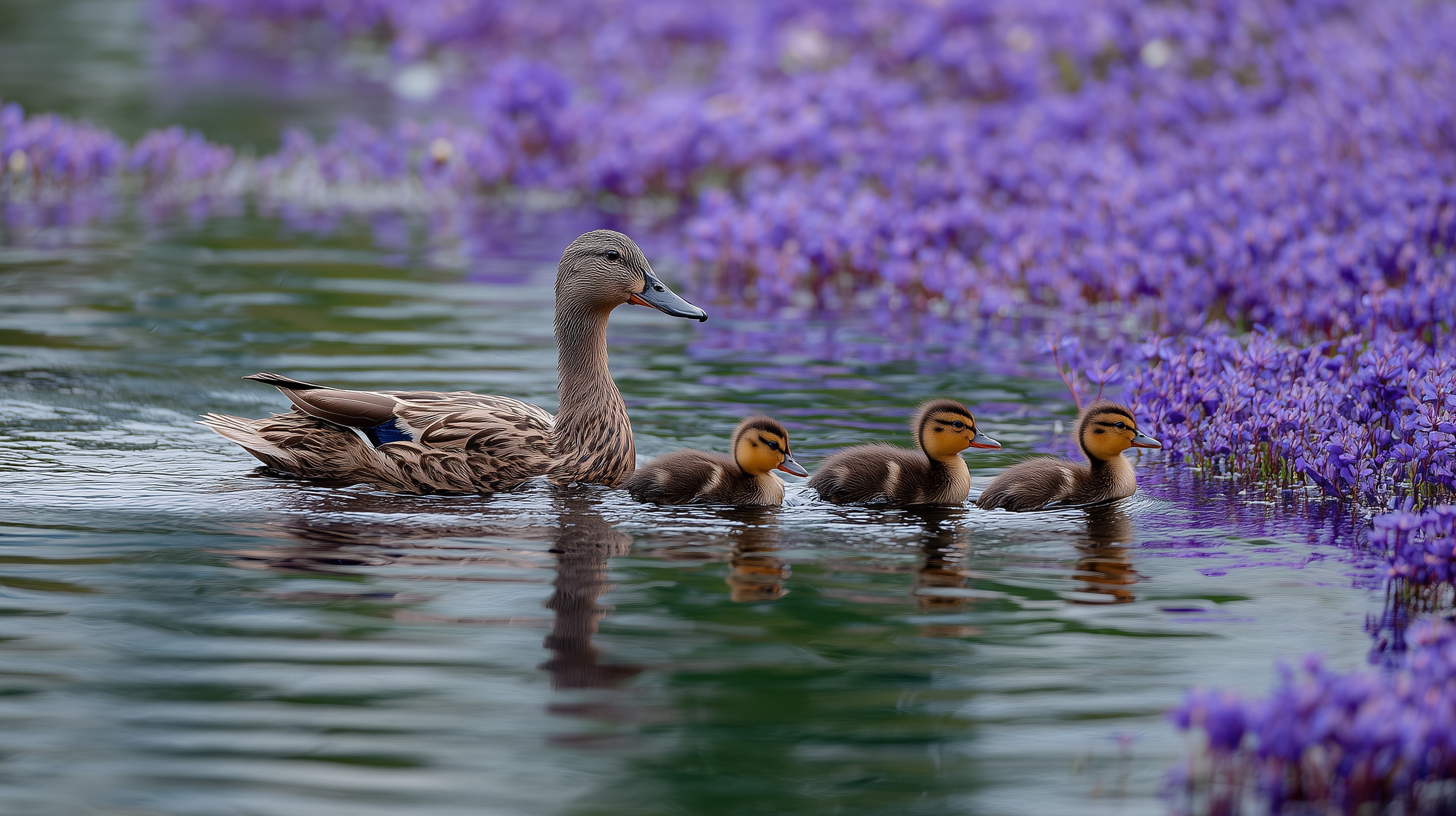 Calm Duck Family Gliding Along Purple Flowered Water - High Resolution animals-in-nature Wallpaper for Mobile and Desktop