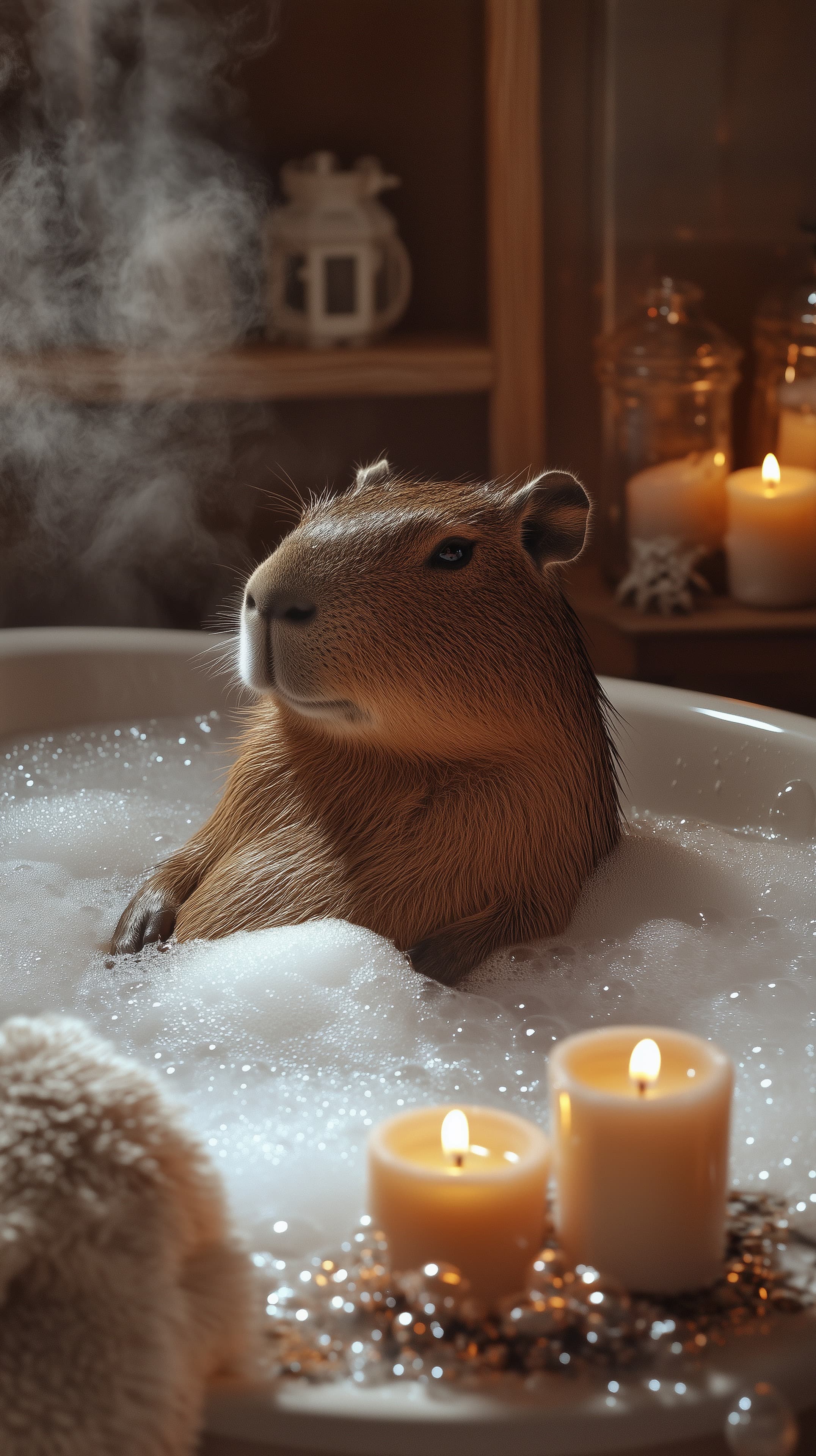 Cozy Bubble Bath Scene with a Capybara by Candlelight - High Resolution animal Wallpaper for Mobile and Desktop