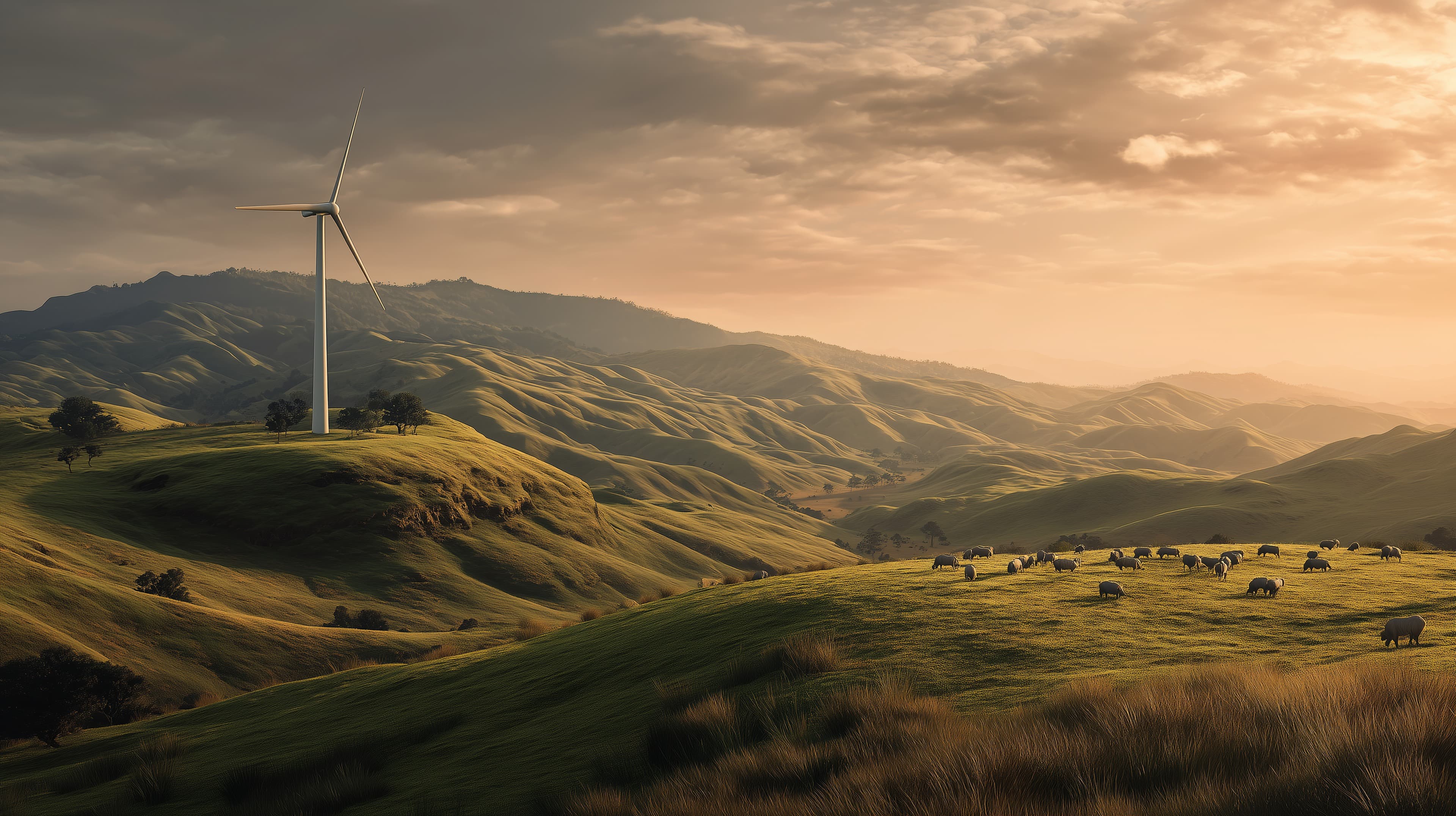 Golden Hillside Landscape at Sunset with a Wind Turbine - High Resolution countryside Wallpaper for Mobile and Desktop