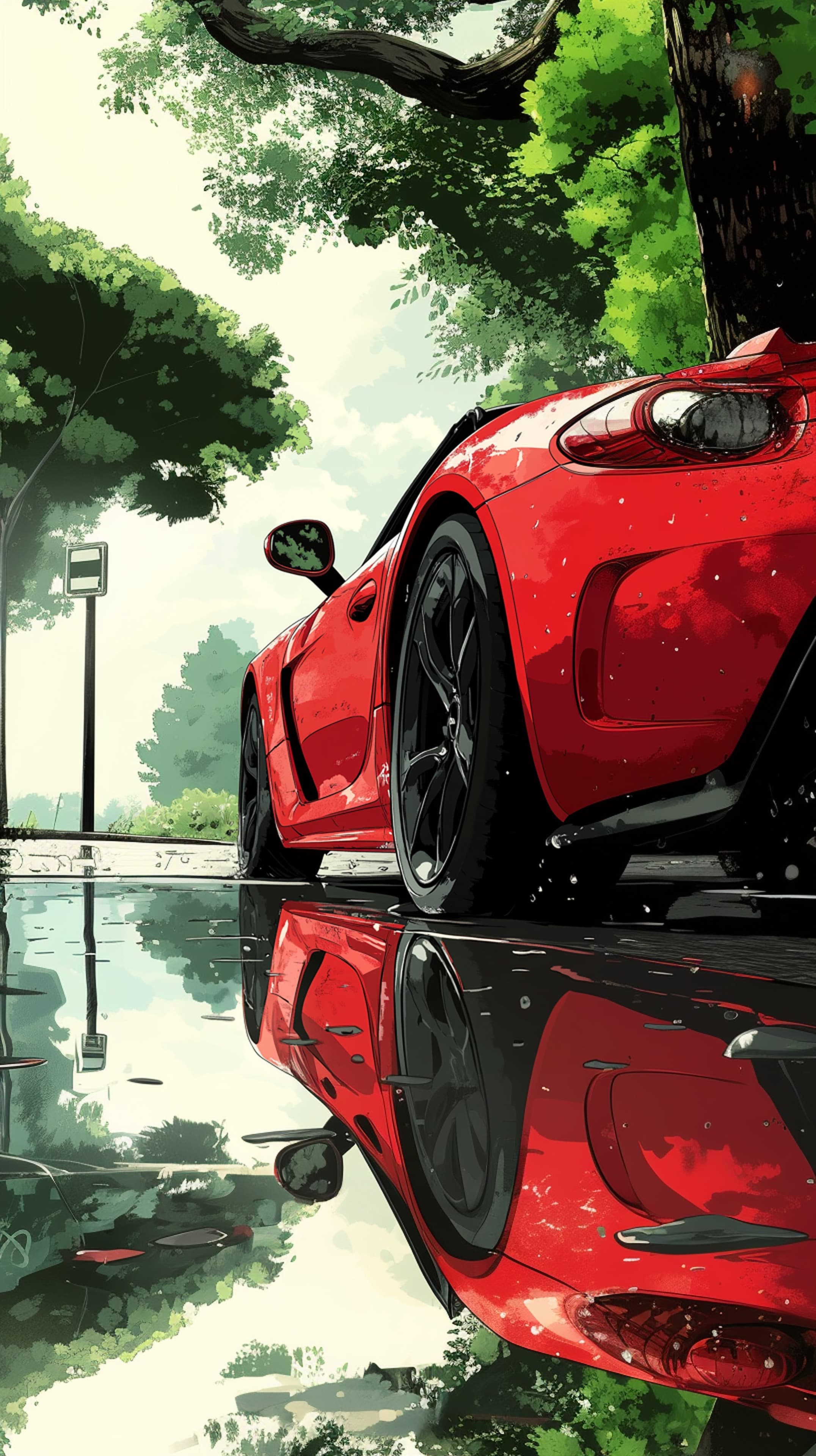 Vibrant Red Sports Car in Lush Green Street Scene Artwork - High Resolution car-wallpaper Wallpaper for Mobile and Desktop