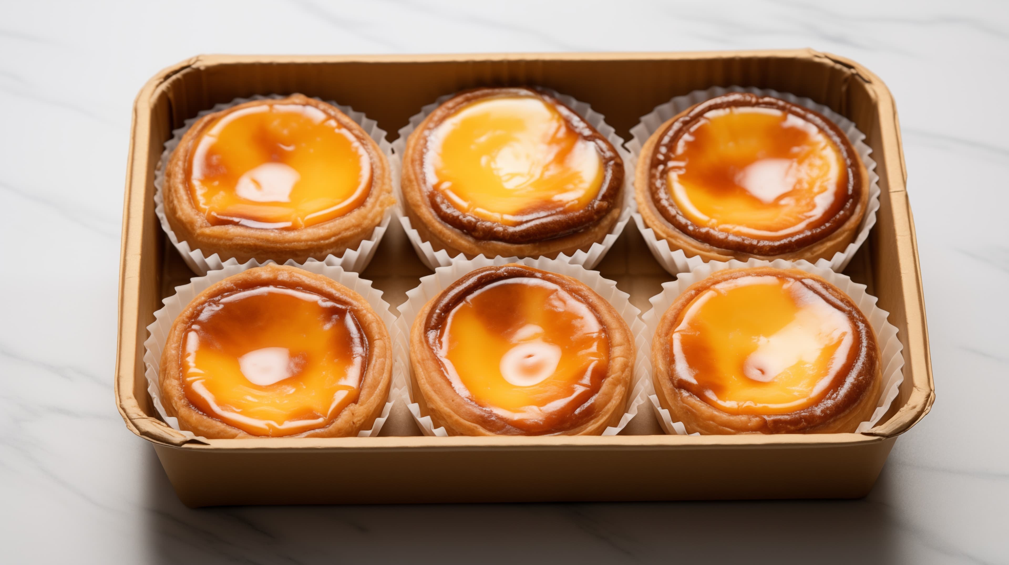 Six Egg Custard Tarts in Box - Fresh Bakery Treats - High Resolution bakery Wallpaper for Mobile and Desktop