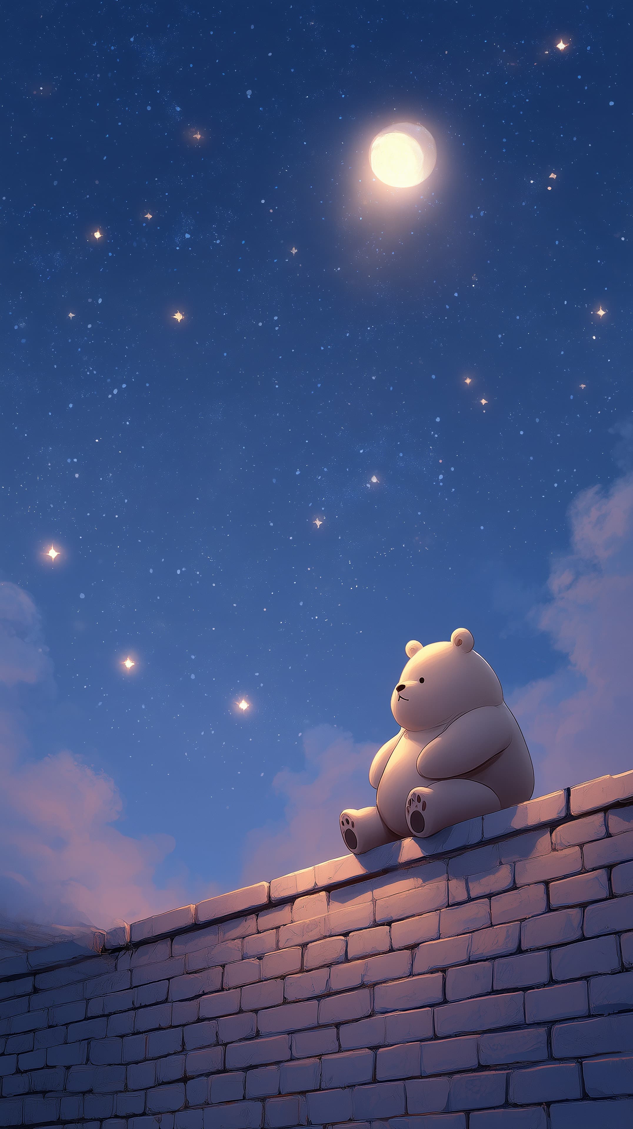 Charming bear under a starry night sky on a brick wall - High Resolution bear Wallpaper for Mobile and Desktop