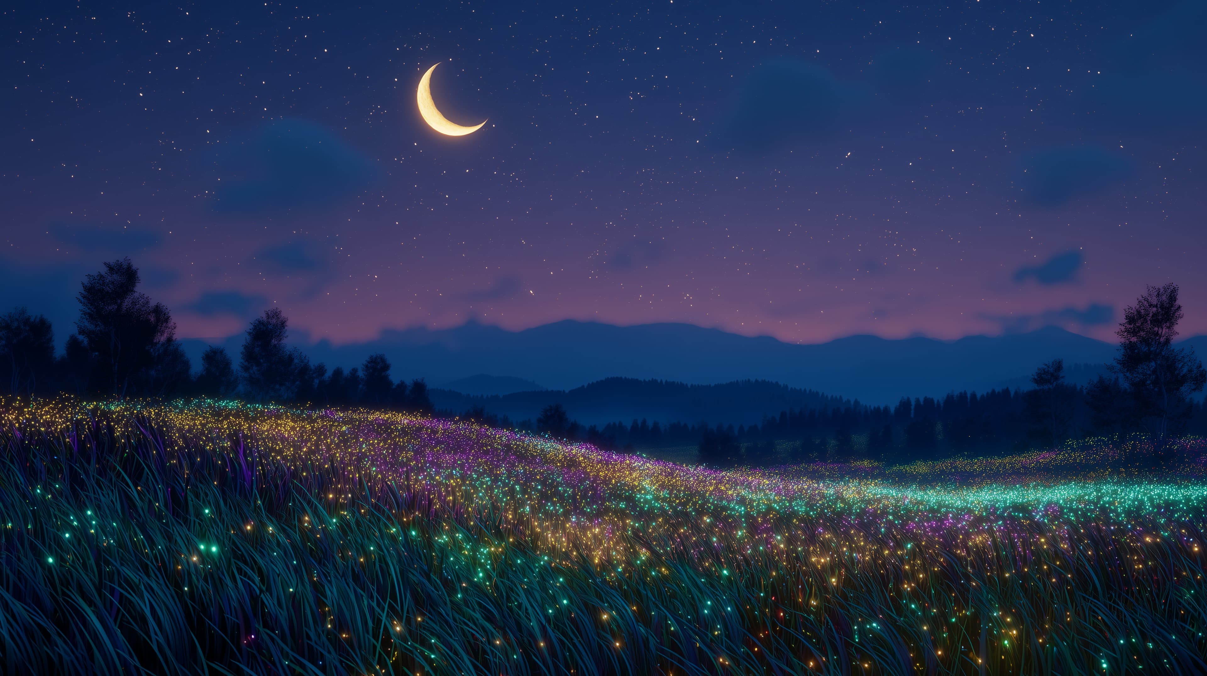 Moonlit Neon Meadow: Dreamy Night Sky Wallpaper for Desktop - High Resolution colorful-field Wallpaper for Mobile and Desktop