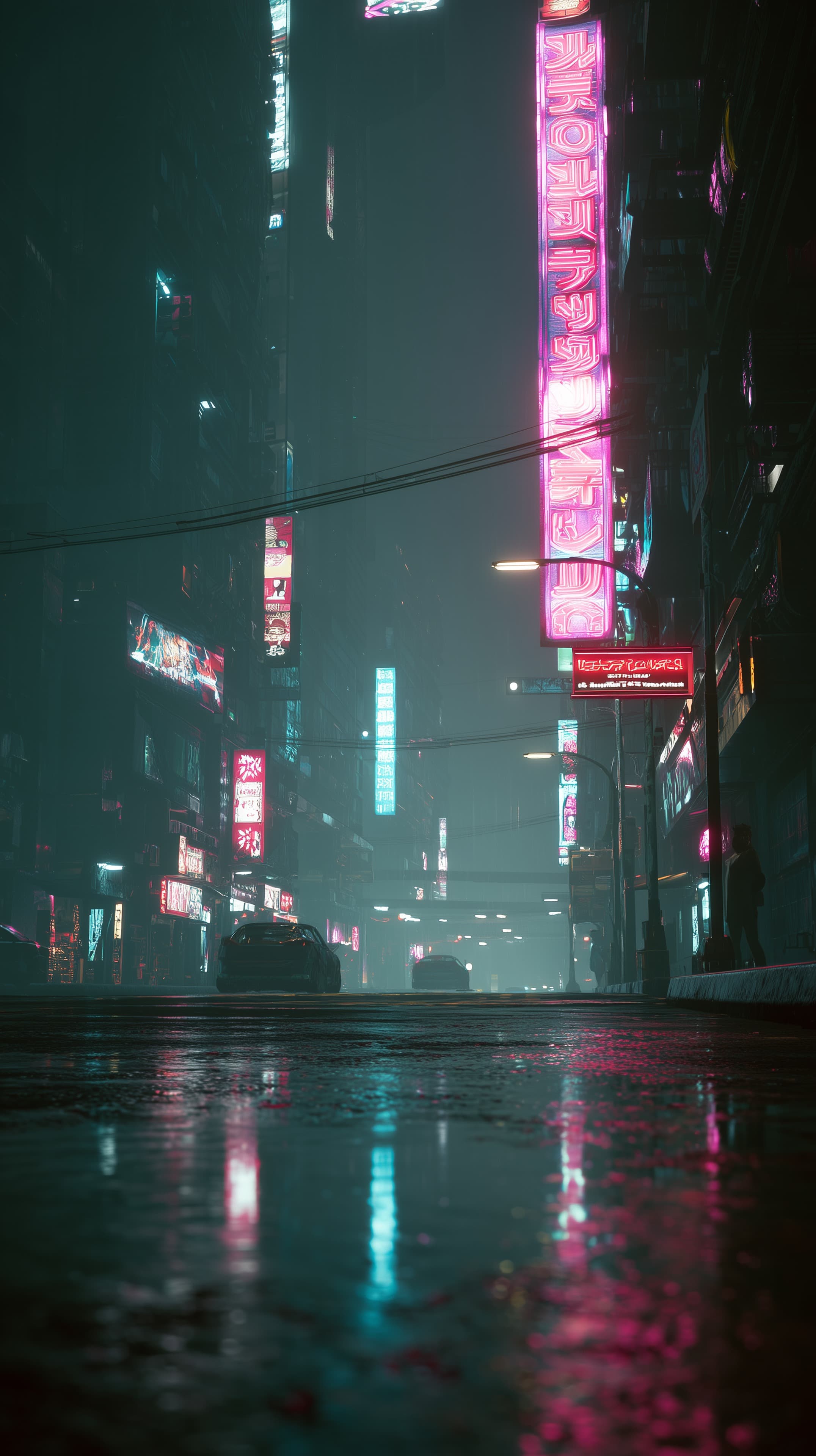 Neon Night Street: Rainy Cyberpunk Cityscape with Reflections - High Resolution atmosphere Wallpaper for Mobile and Desktop