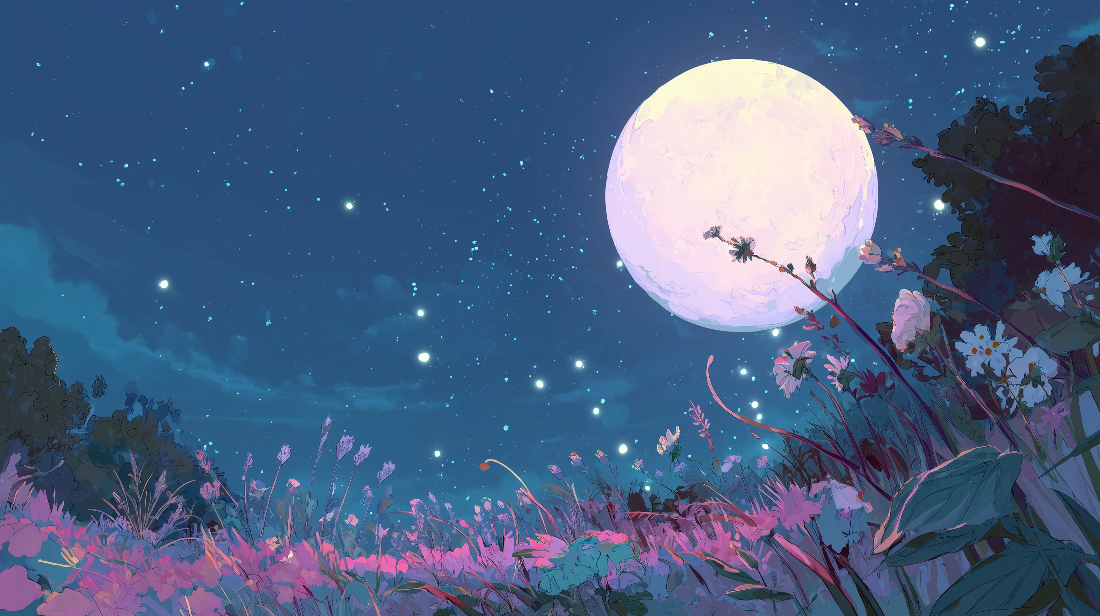 Dreamy Night Sky with Full Moon and Flower Field Wallpaper - High Resolution calming-aesthetic Wallpaper for Mobile and Desktop