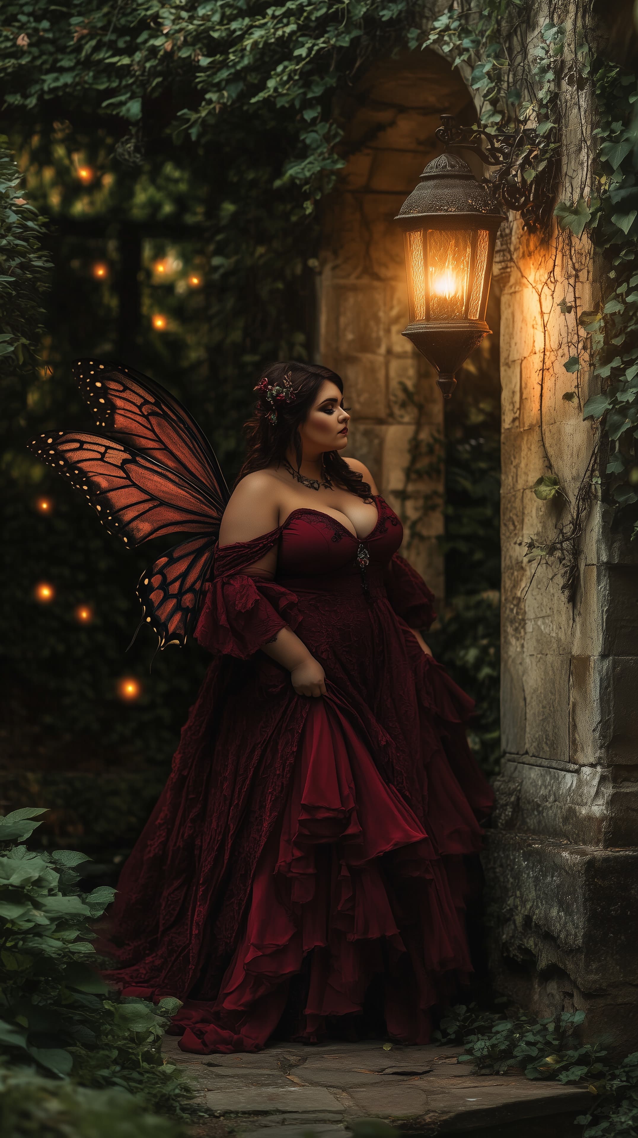 Burgundy fairy with butterfly wings in lantern garden wallpaper - High Resolution burgundy-dress Wallpaper for Mobile and Desktop
