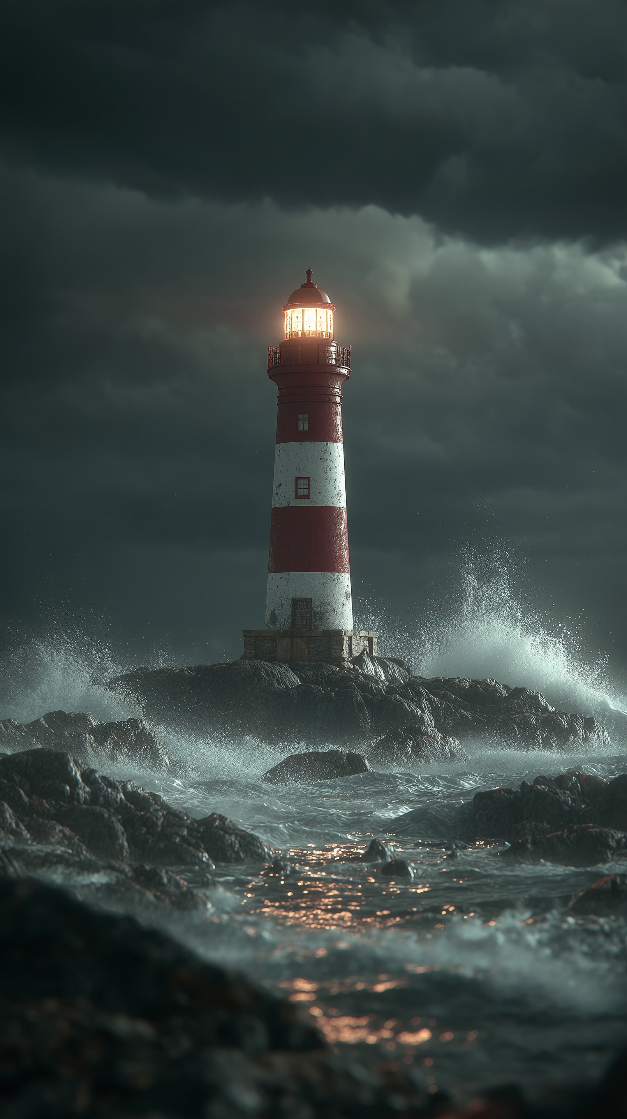 Stormy Seascape: Lighthouse on Rugged Rocks at Night - High Resolution beacon-light Wallpaper for Mobile and Desktop