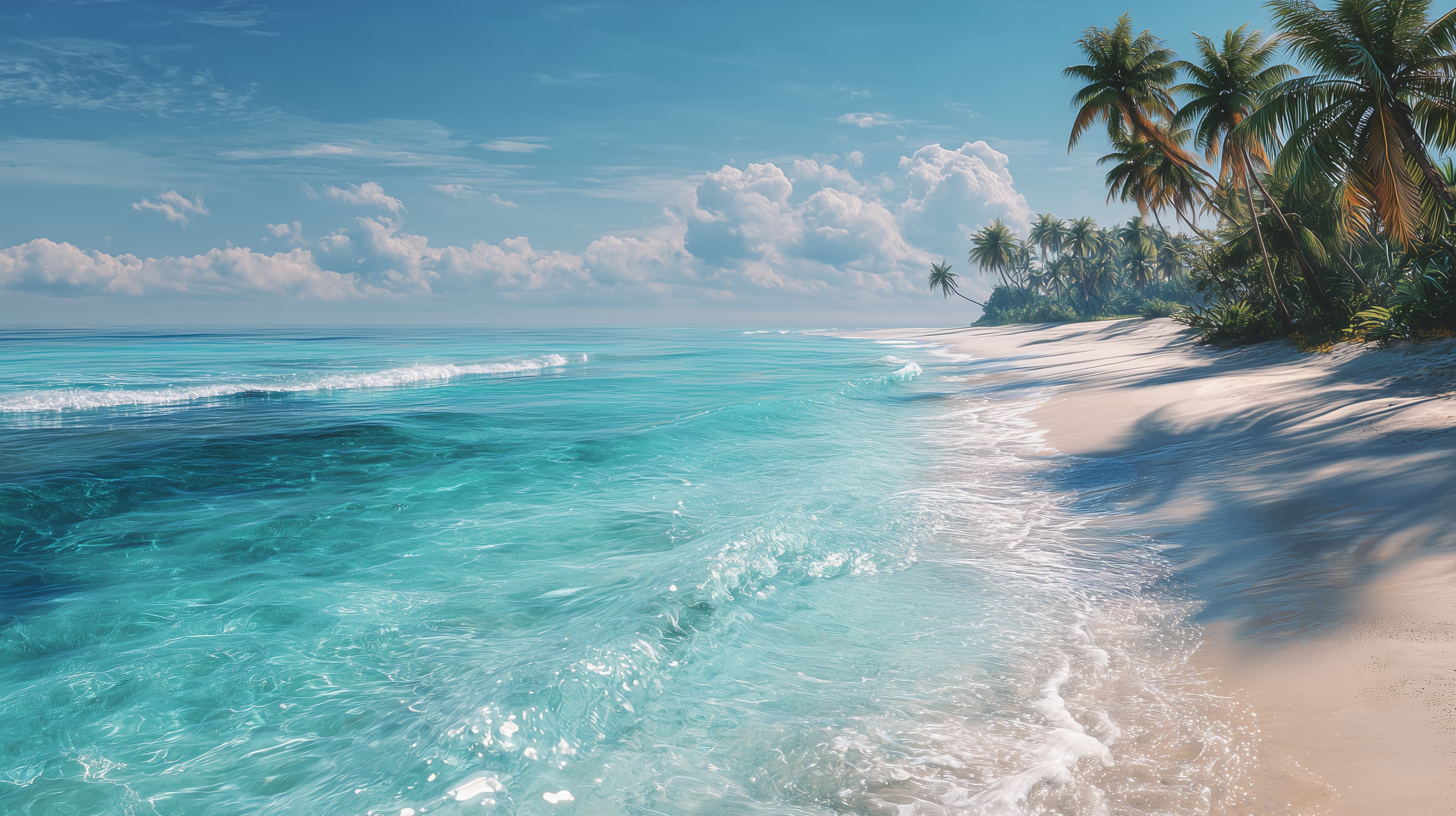 Turquoise Beach Scene with Palm Trees and Sunlit Sand - High Resolution beach Wallpaper for Mobile and Desktop