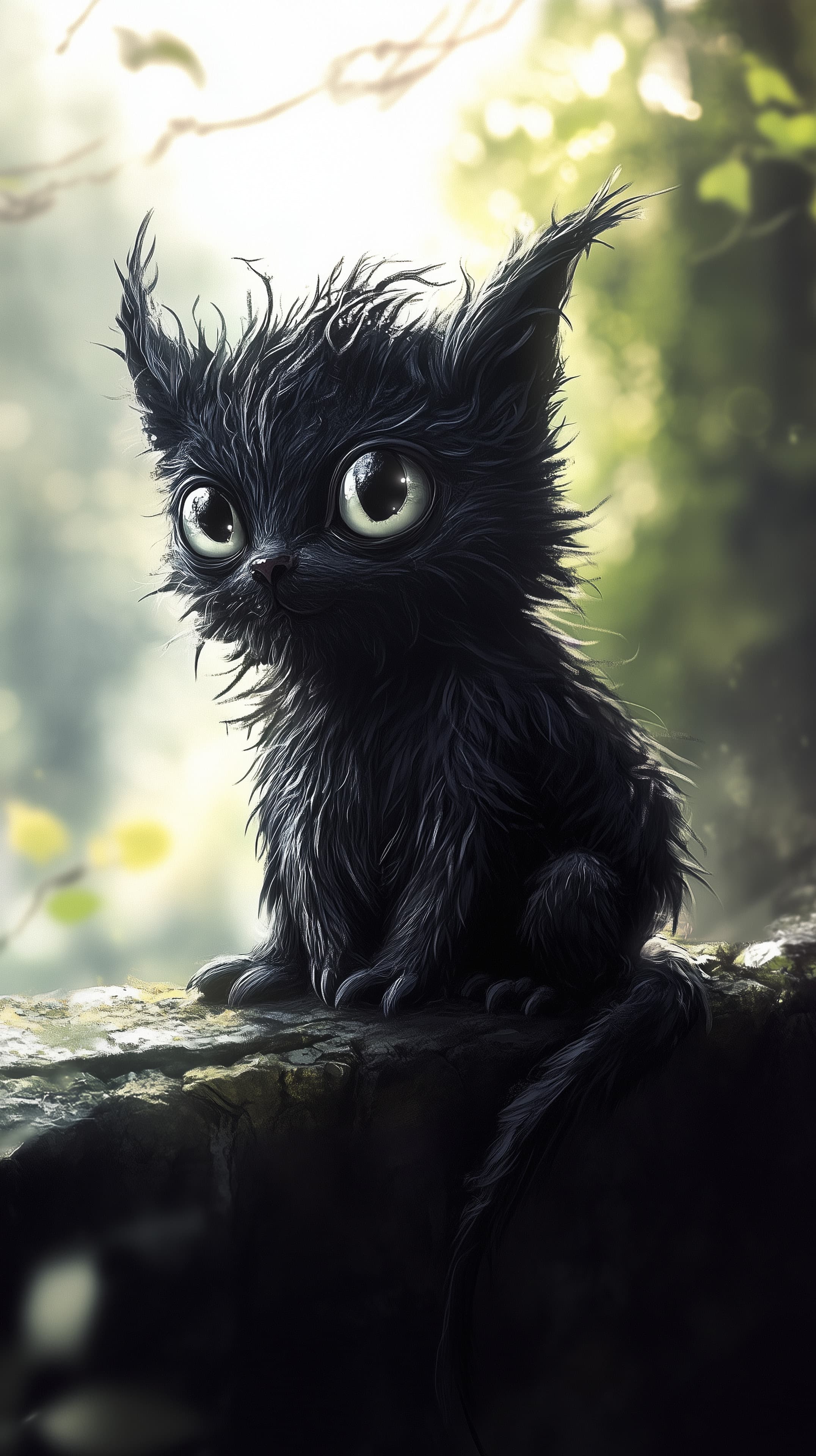 Enchanted Black Kitten on a Mossy Rock — Dreamy Forest Wallpaper - High Resolution black-cat Wallpaper for Mobile and Desktop