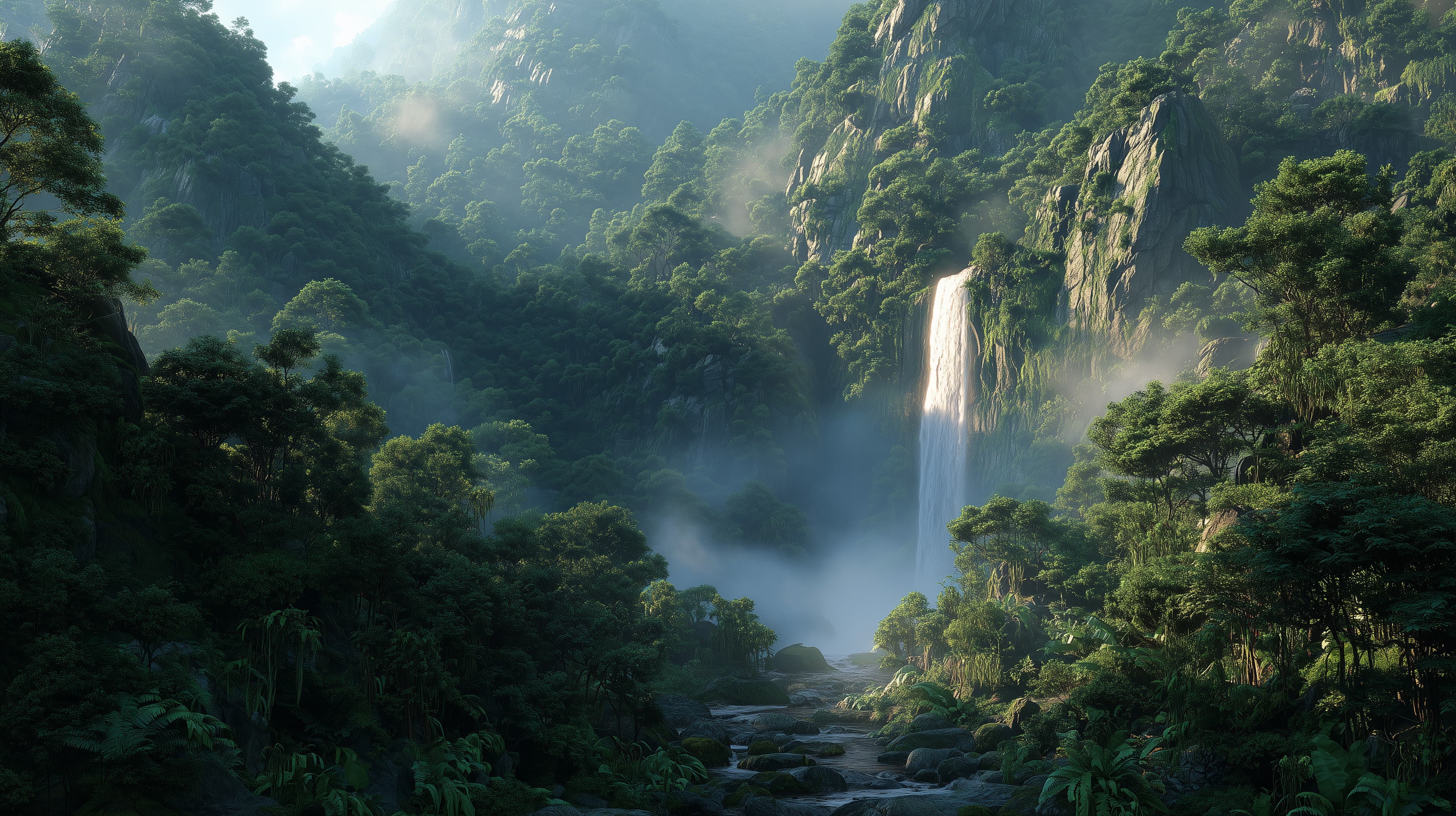 Tranquil Forest Waterfall Landscape Wallpaper with Mist - High Resolution forest Wallpaper for Mobile and Desktop