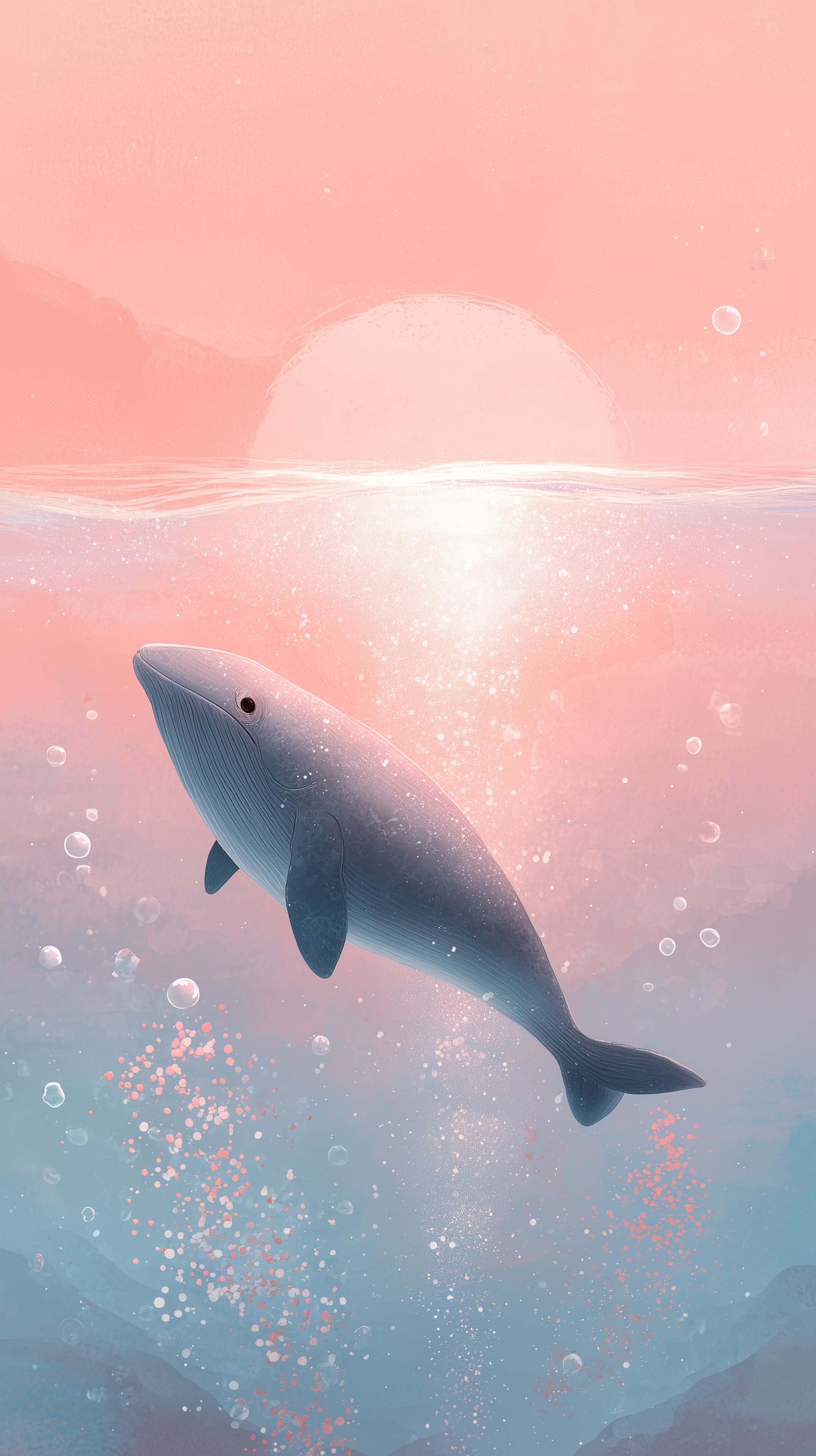 Pastel Whale Underwater Scene at Sunset in Soft Pink-Blue Gradient - High Resolution bubbles Wallpaper for Mobile and Desktop