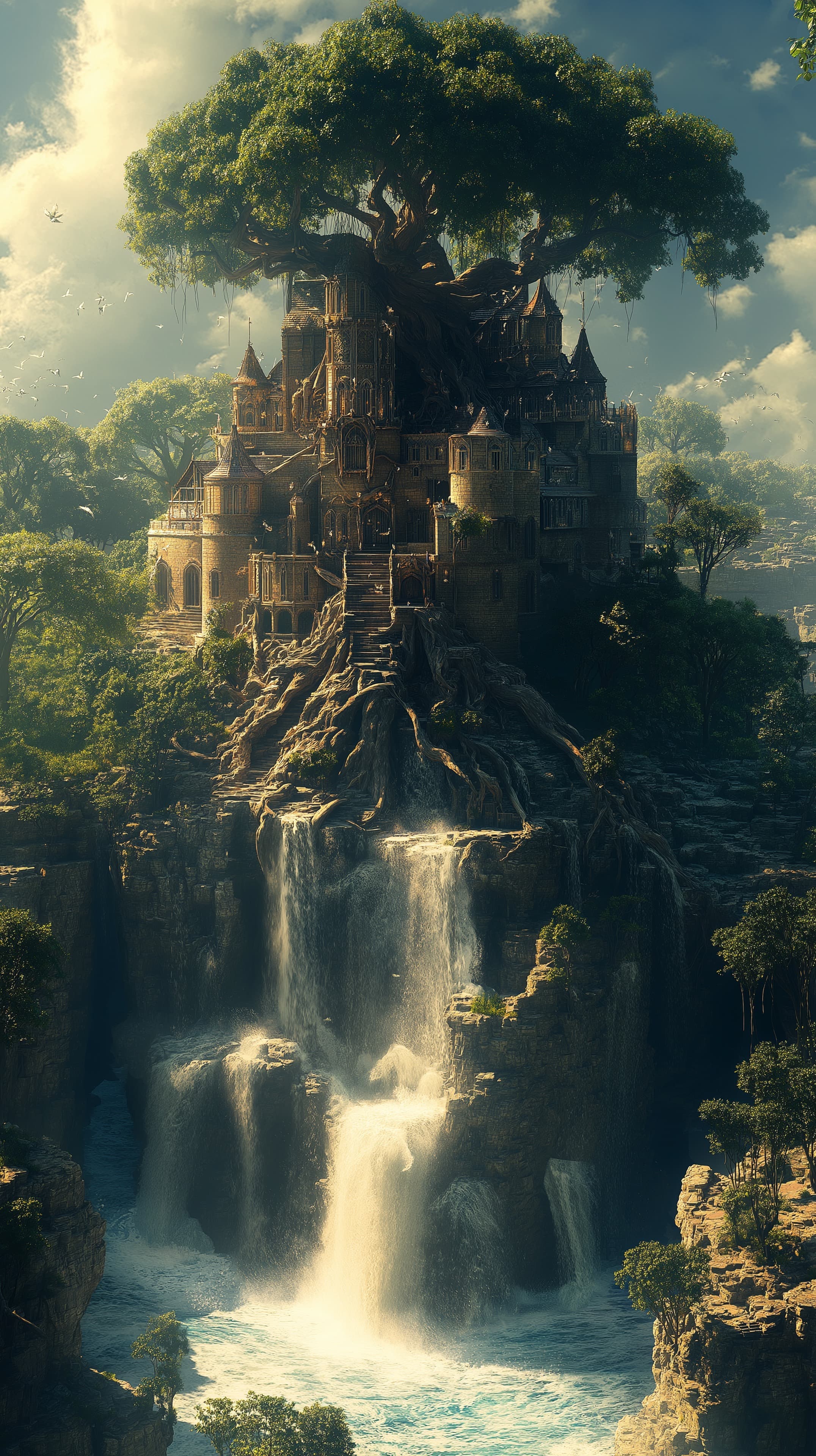 Enchanted Tree-Crowned Castle Amid Cascading Waterfalls - High Resolution castle Wallpaper for Mobile and Desktop