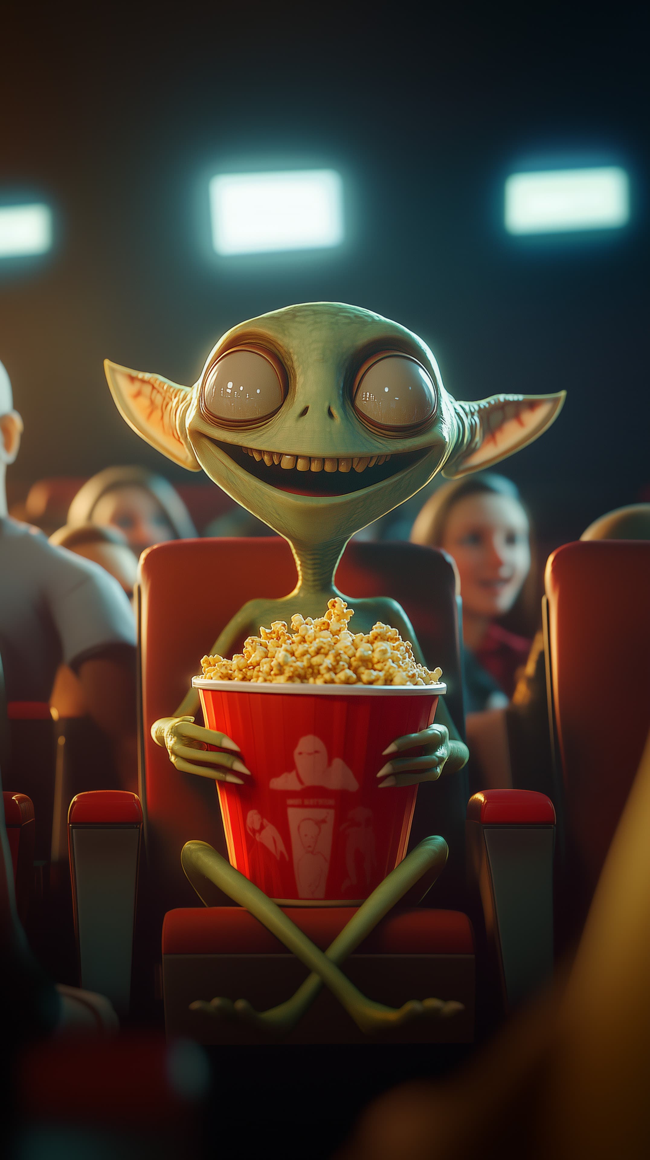 Cute green alien in cinema with popcorn, cozy sci-fi wallpaper - High Resolution 3d-art Wallpaper for Mobile and Desktop