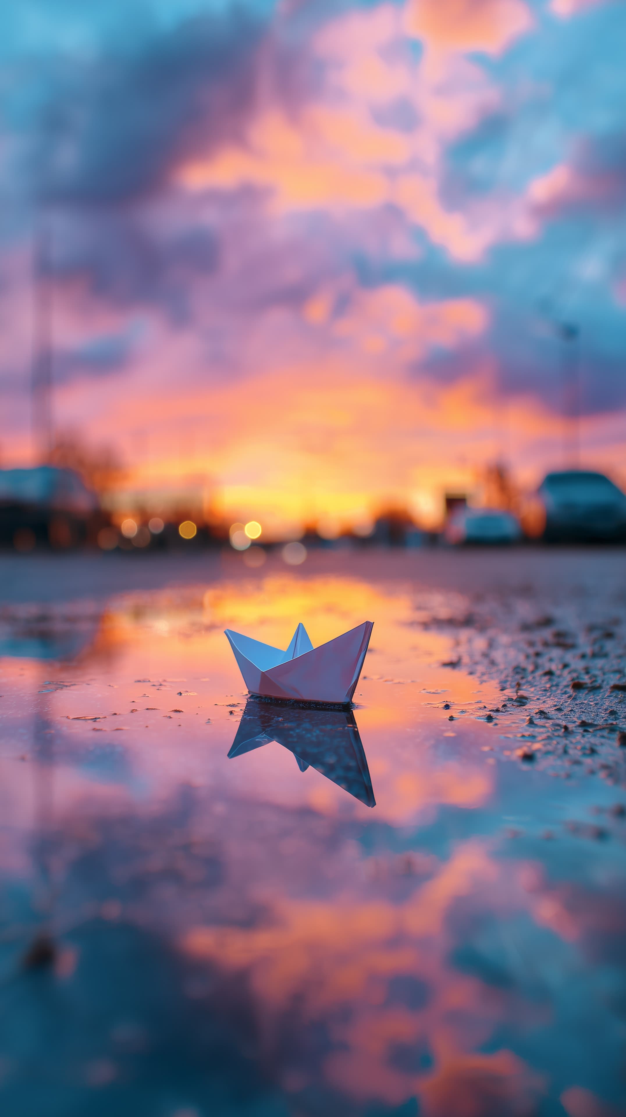 Dreamy Sunset Origami Boat on Wet Street Reflection at Dusk - High Resolution bokeh Wallpaper for Mobile and Desktop