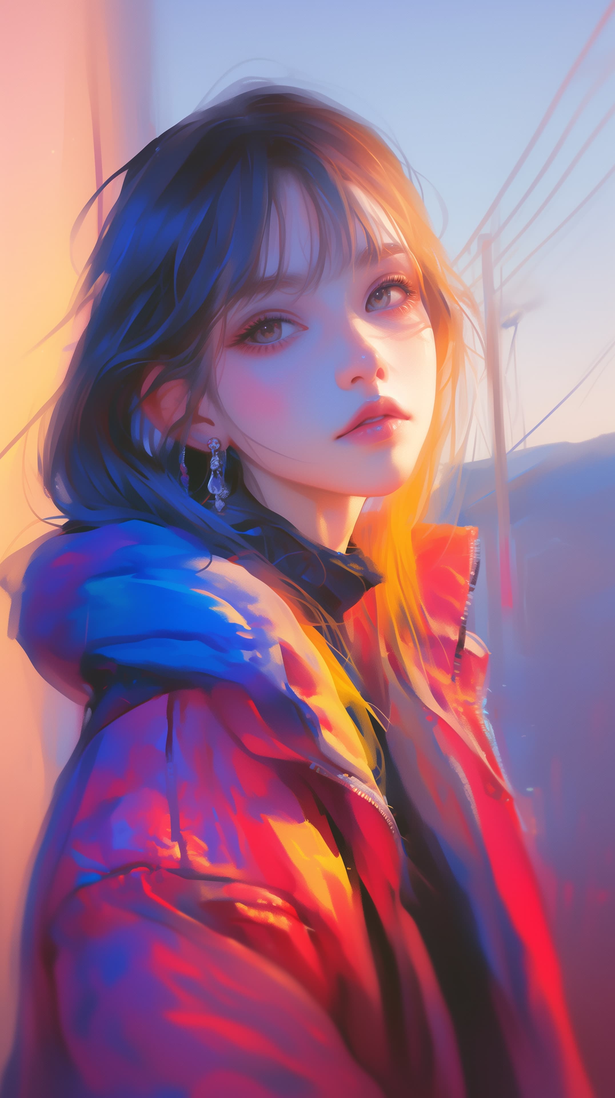 Neon Sunset Portrait in a Colorful Winter Jacket - Digital Art - High Resolution colorful-jacket Wallpaper for Mobile and Desktop