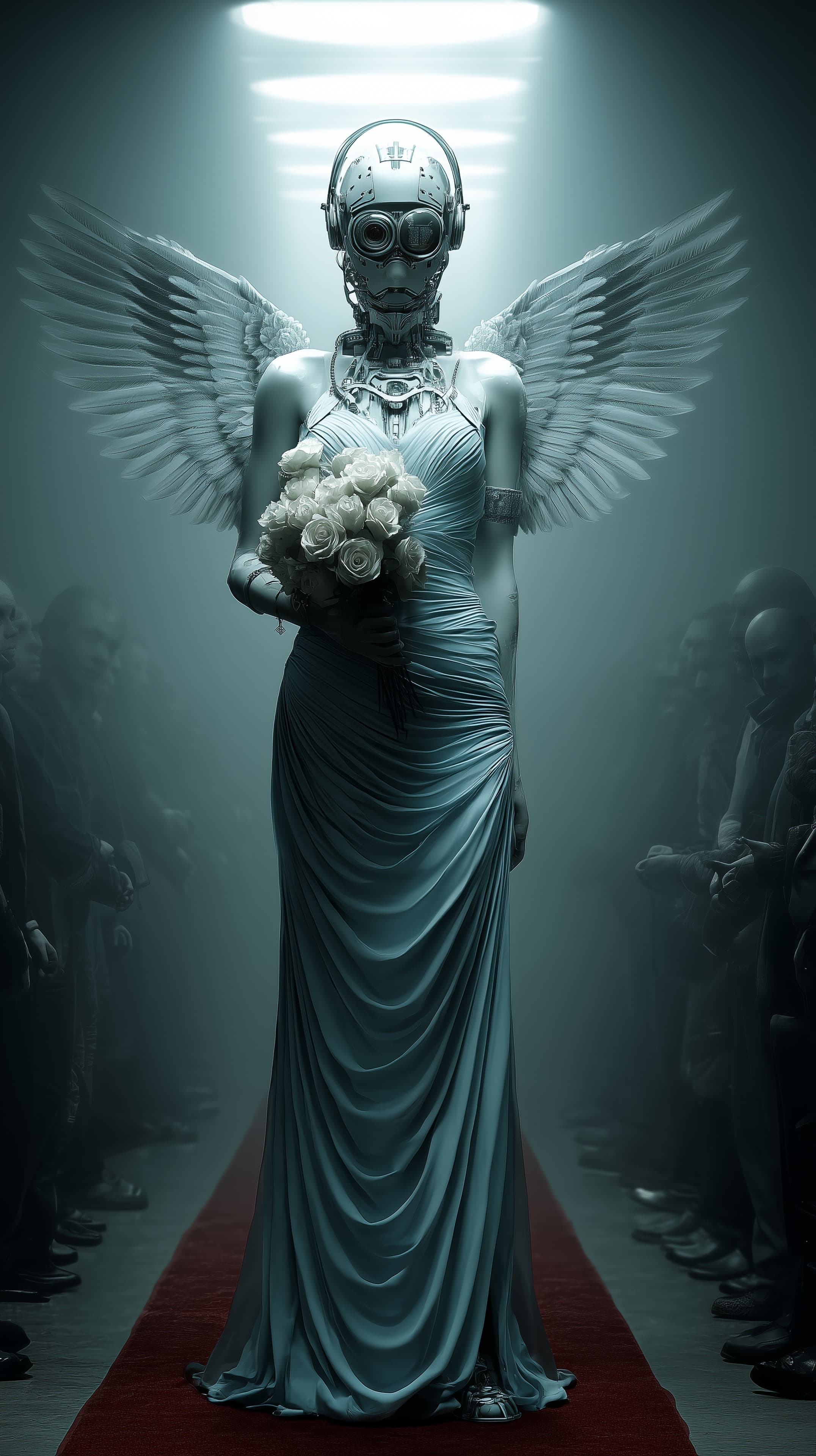 Futuristic Angel Bride: Winged Robot in Silk Gown on Red Carpet - High Resolution winged-robot Wallpaper for Mobile and Desktop