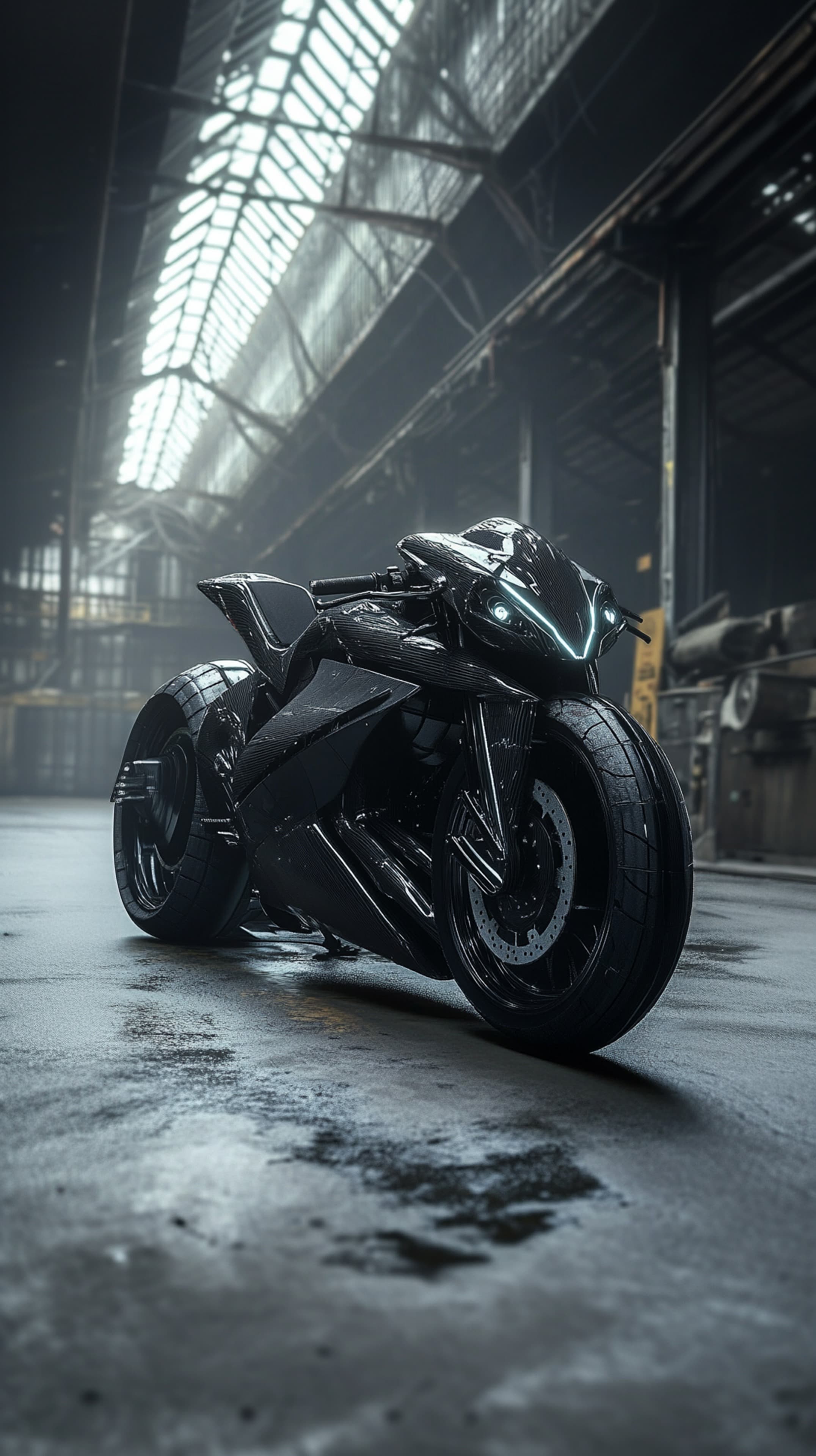 Futuristic Black Sport Motorcycle in Industrial Warehouse - High Resolution black-motorcycle Wallpaper for Mobile and Desktop