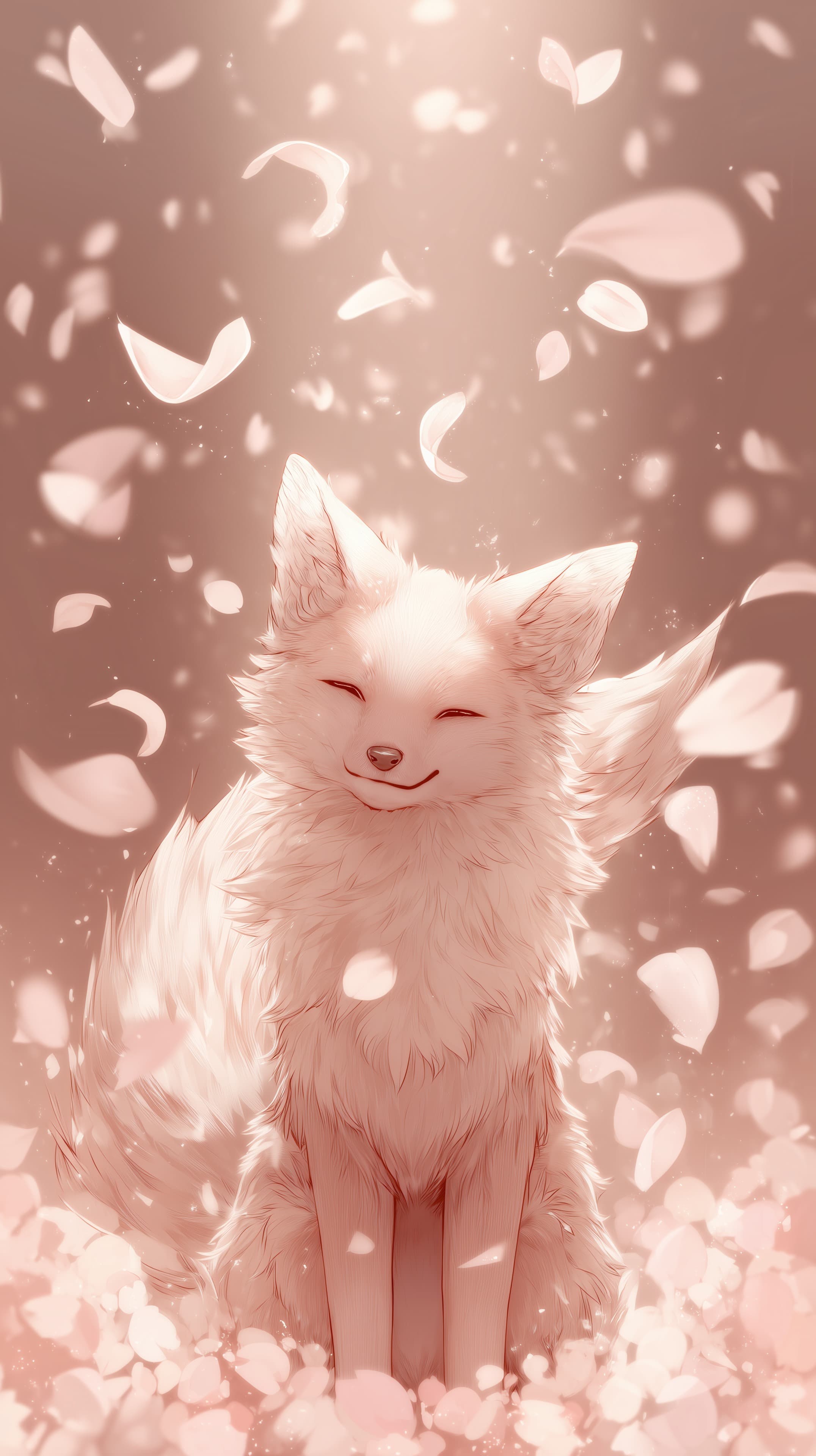 Angelic White Fox in a Pink Petal Shower - Dreamy Wallpaper - High Resolution cute-animal-art Wallpaper for Mobile and Desktop