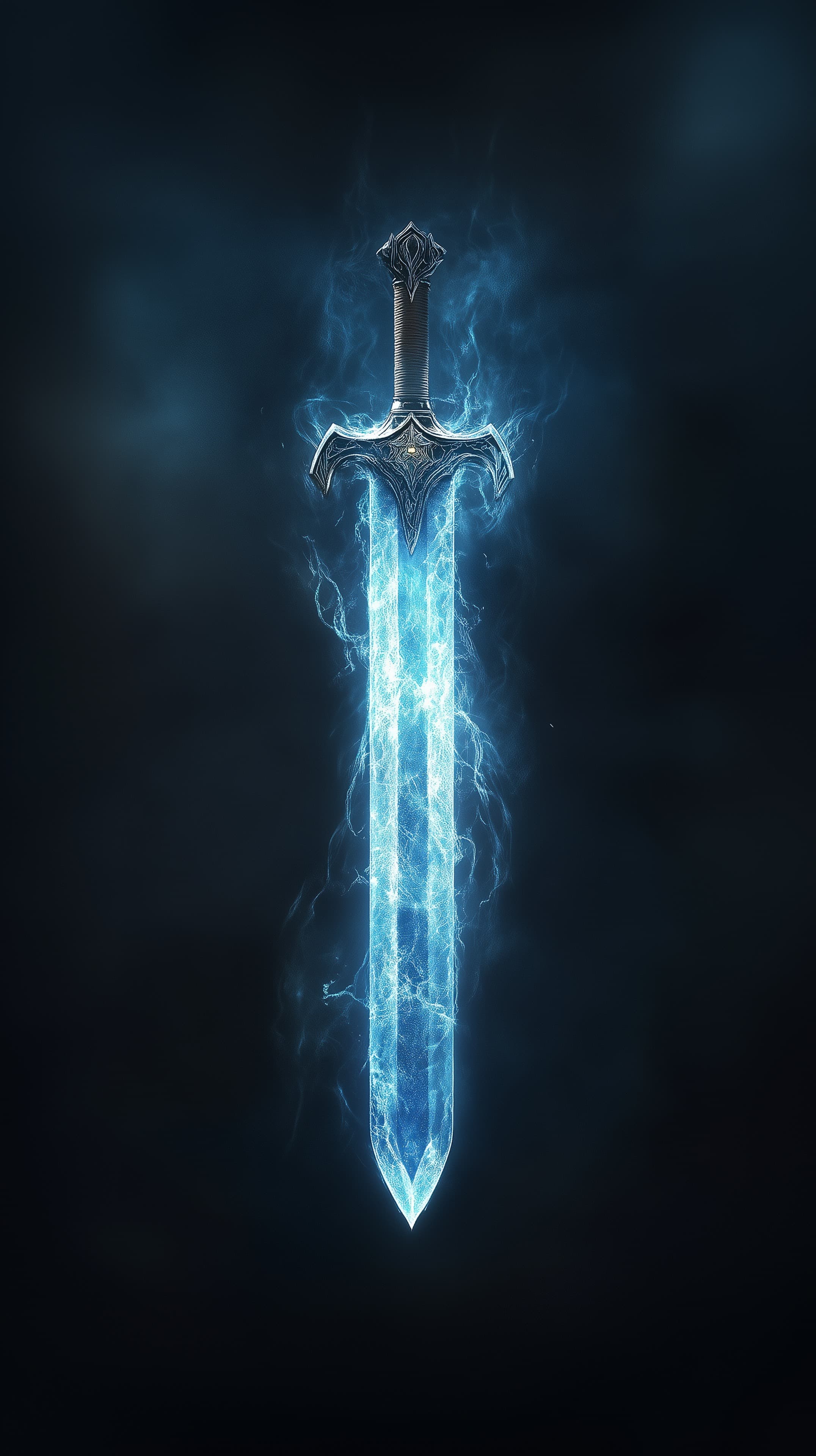 Glowing Ice Sword in Dark Sky - Epic Fantasy Digital Artwork - High Resolution blue-glow Wallpaper for Mobile and Desktop