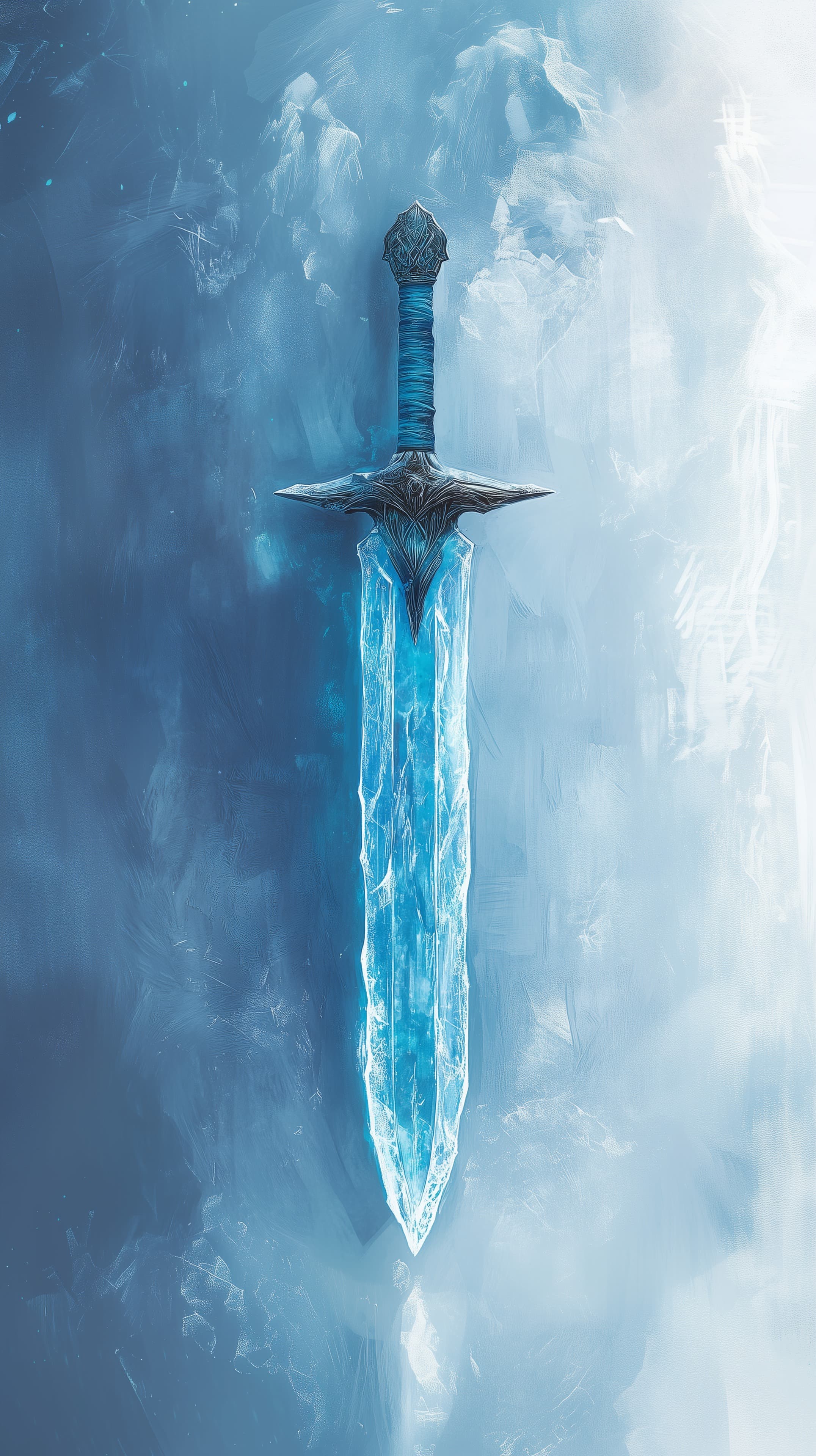 Crystal Ice Sword in a Frosty Abyss: Epic Fantasy Wallpaper - High Resolution blue Wallpaper for Mobile and Desktop