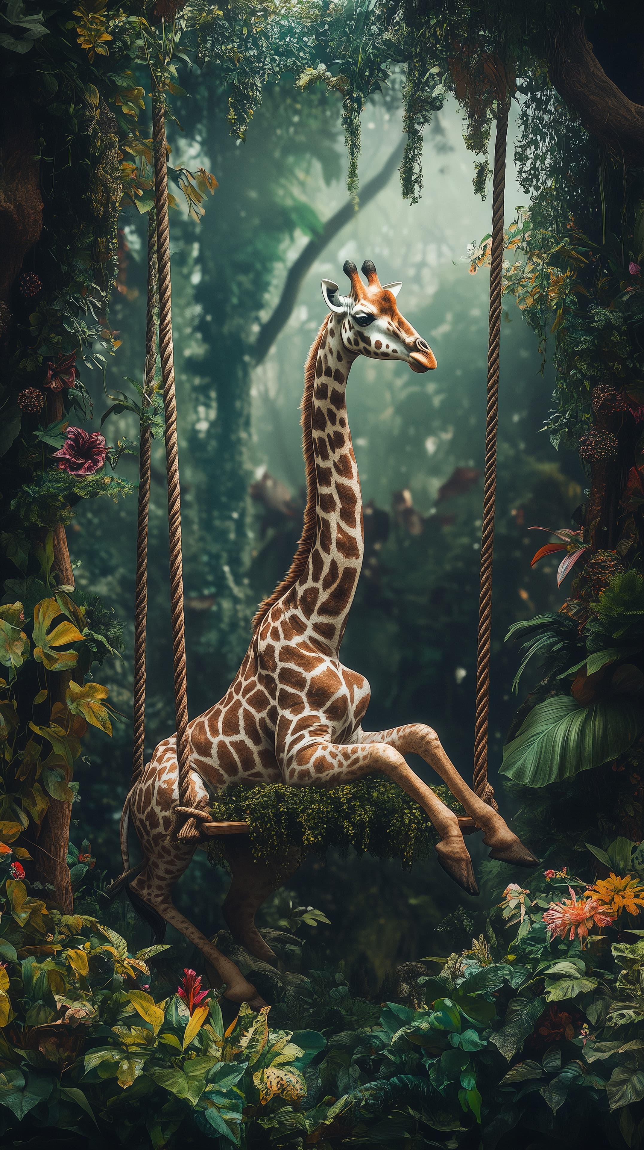 Whimsical Jungle Giraffe on a Swing in Lush Forest - High Resolution animal Wallpaper for Mobile and Desktop