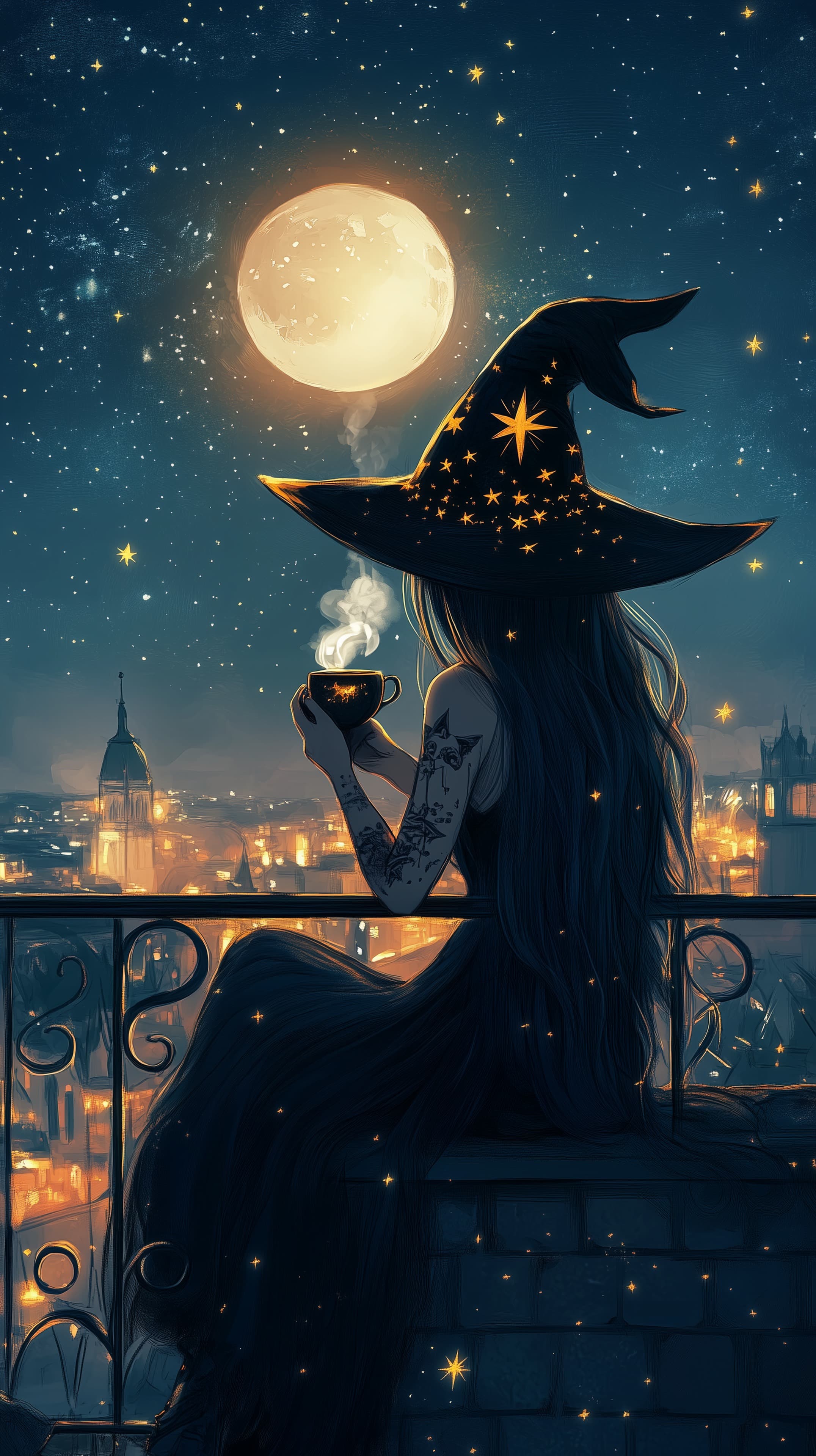 Moonlit Night Witch on Balcony: Starry Sky & Warm Coffee - High Resolution balcony Wallpaper for Mobile and Desktop