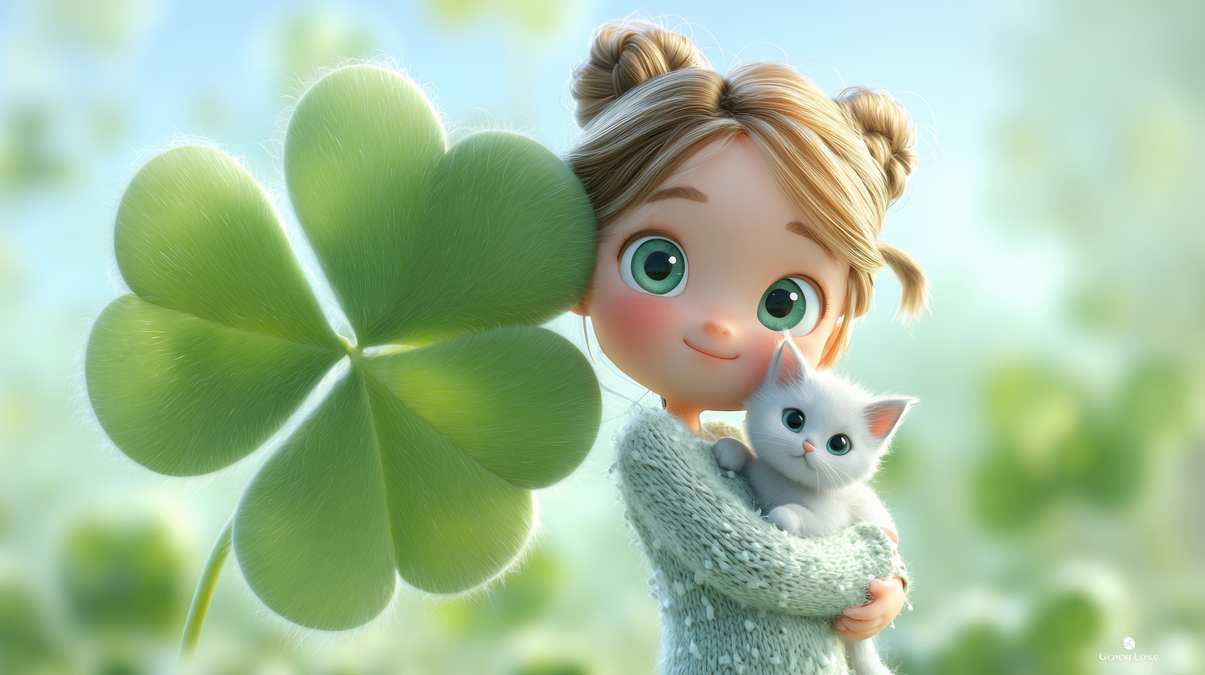 Whimsical Spring Girl with Kitty and Clover - Dreamy Wallpaper - High Resolution clover Wallpaper for Mobile and Desktop