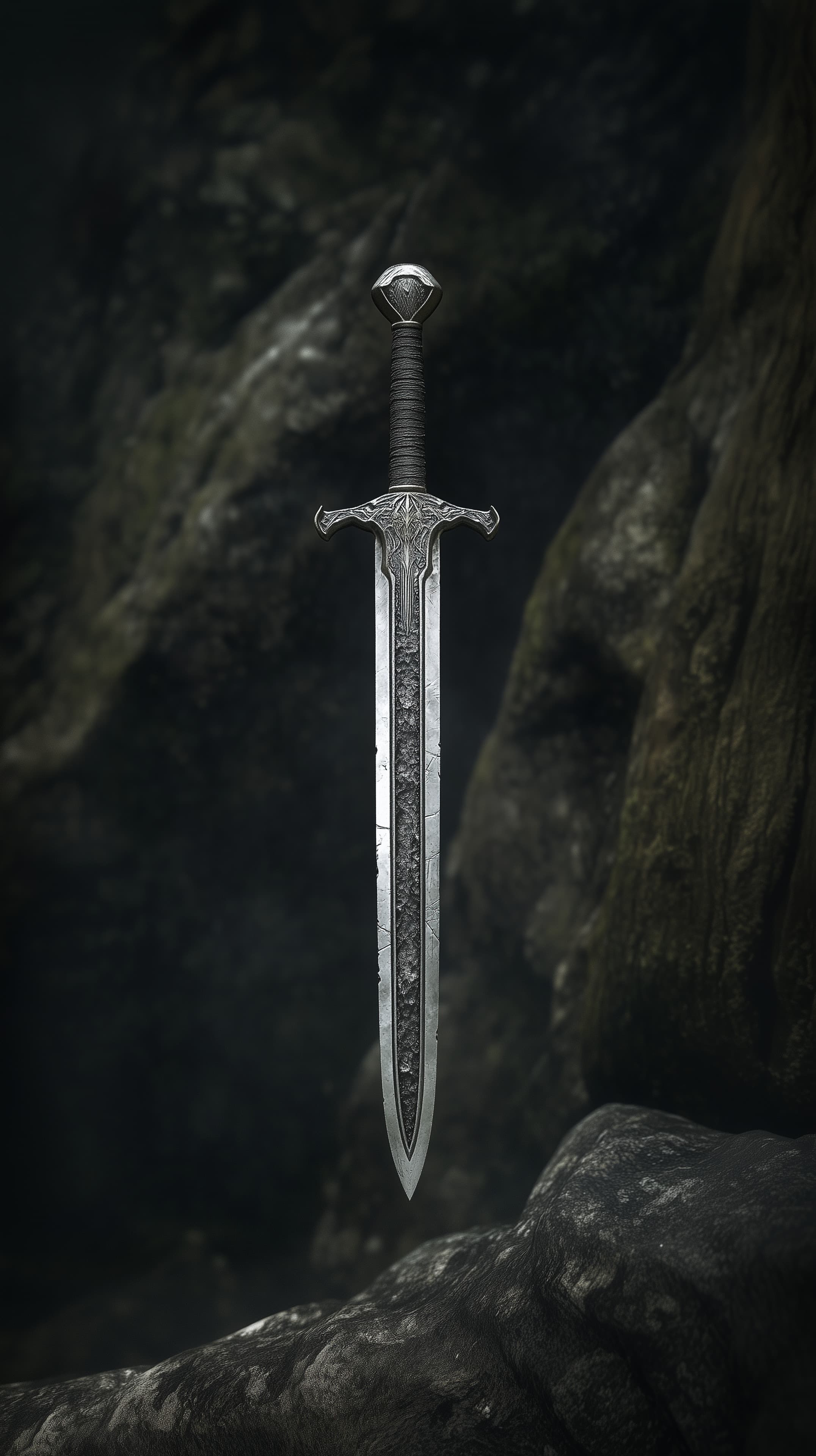 Silver Fantasy Sword in Dark Cave - Epic Wallpaper Collection - High Resolution blade Wallpaper for Mobile and Desktop
