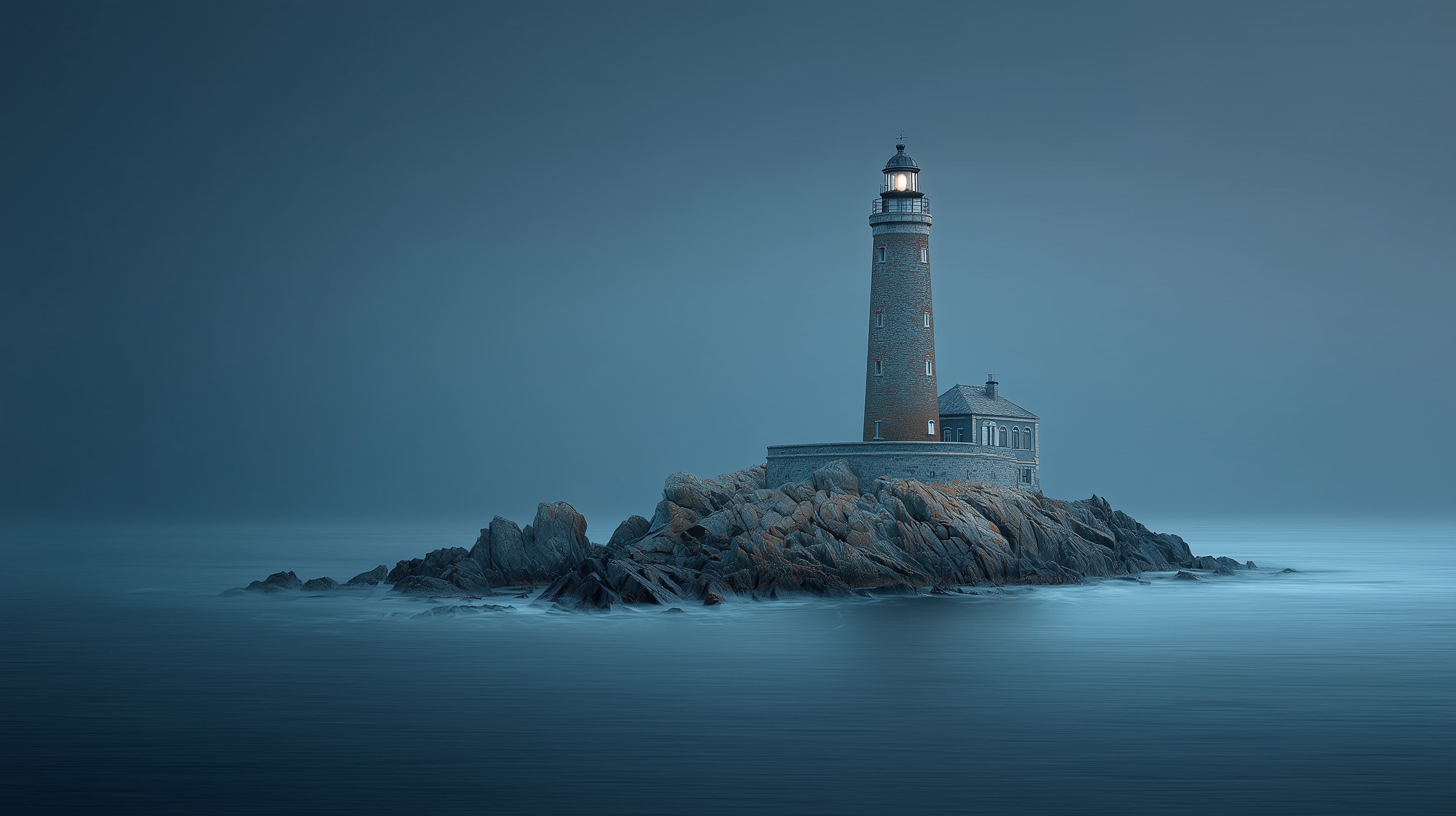 Blue Hour Lighthouse on Rocky Island - Calm Seascape - High Resolution blue-tones Wallpaper for Mobile and Desktop