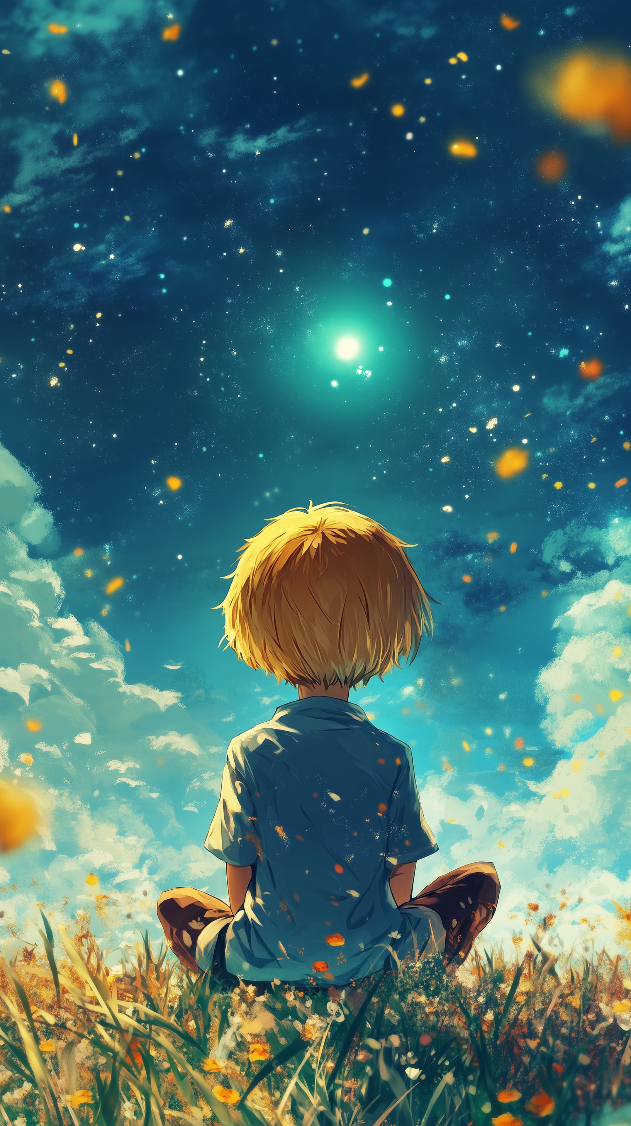 Dreamy Night Sky Child Sitting in Golden Field Wallpaper - High Resolution anime-inspired Wallpaper for Mobile and Desktop