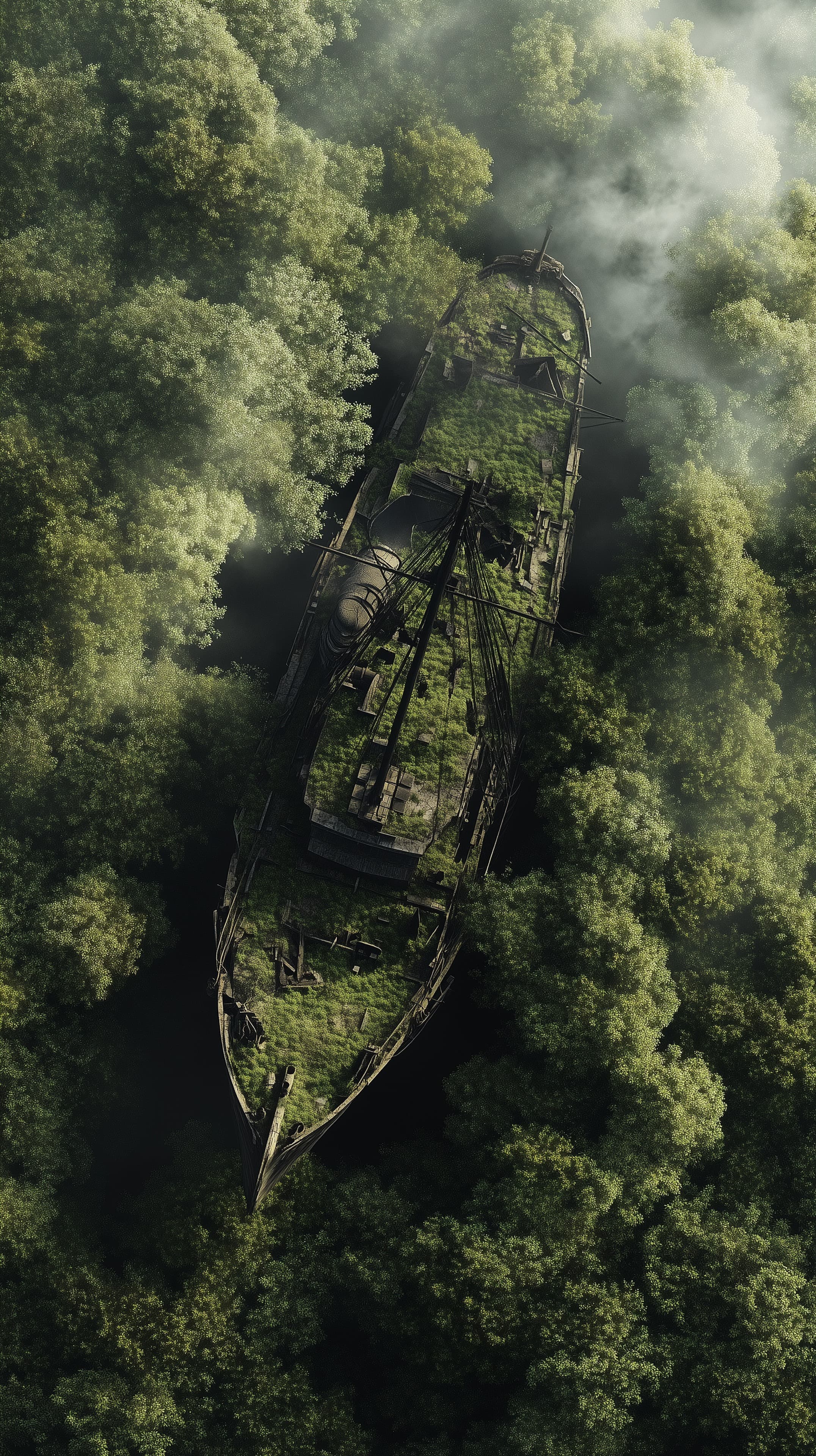 Overgrown Shipwreck in Misty Forest - Aerial Wallpaper - High Resolution abandoned Wallpaper for Mobile and Desktop