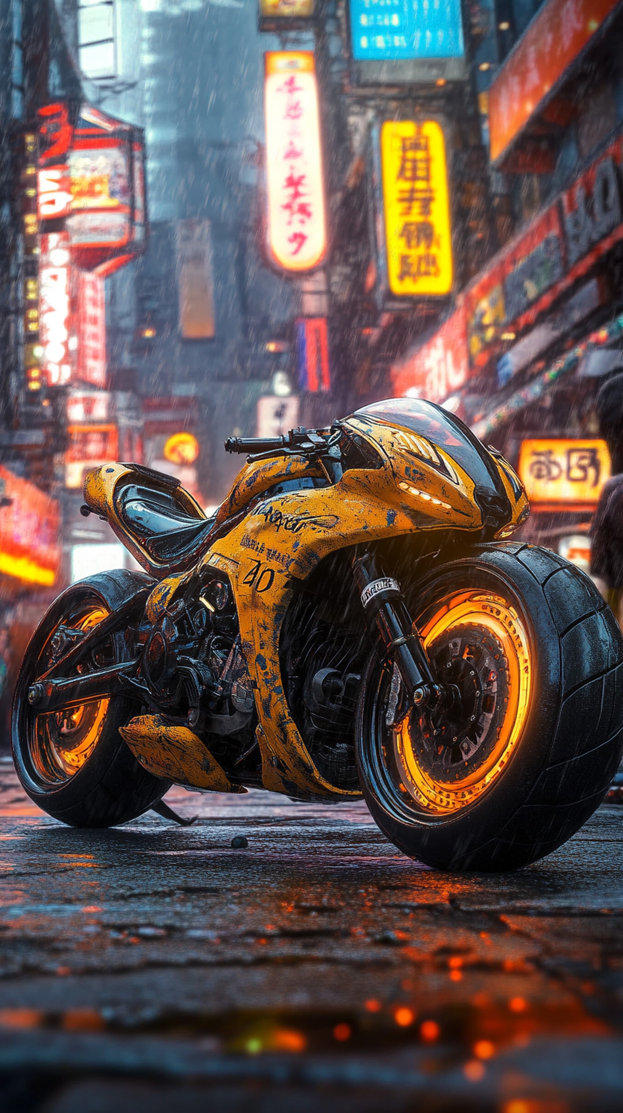 Neon Rain: Futuristic Yellow Sports Motorcycle in Cyberpunk City - High Resolution neon-cityscape Wallpaper for Mobile and Desktop