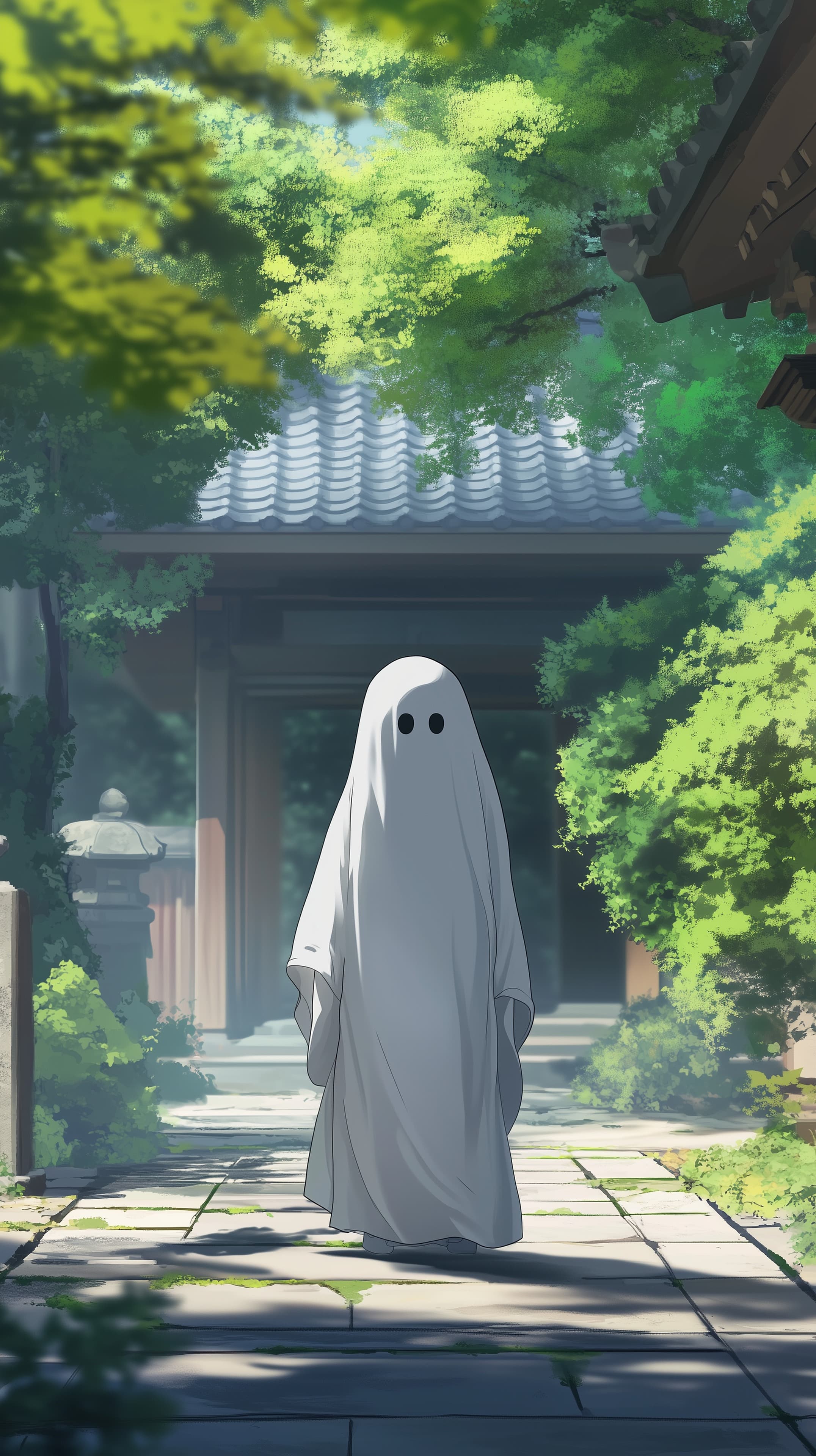 Whimsical ghost in tranquil garden temple - anime art wallpaper - High Resolution anime Wallpaper for Mobile and Desktop