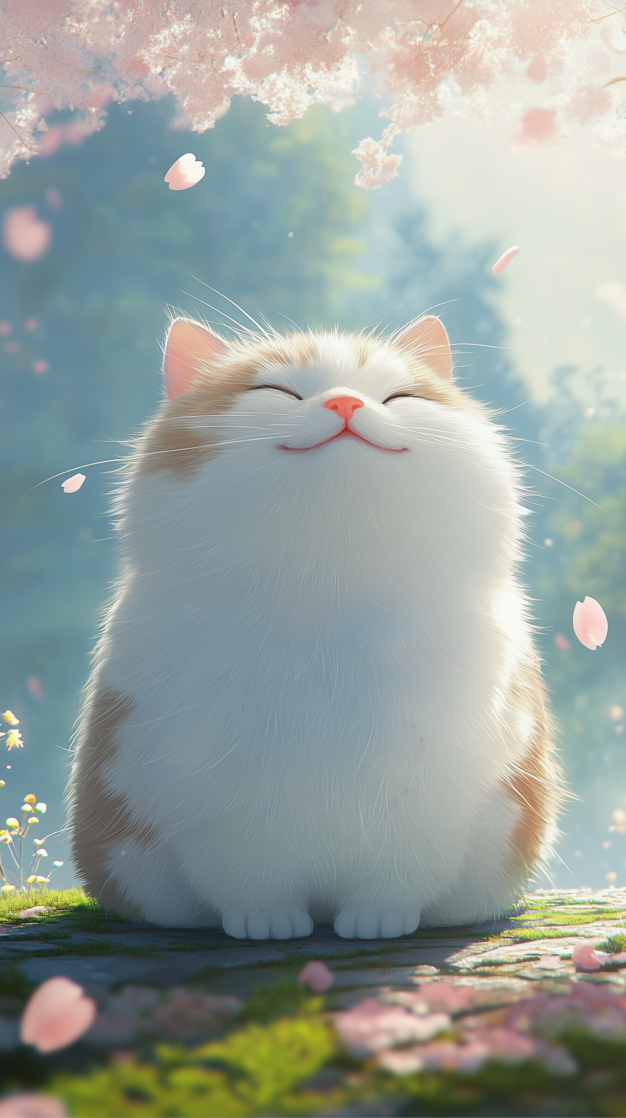 Joyful Fluffy Cat in Spring Garden Amid Pink Petals - High Resolution blossoms Wallpaper for Mobile and Desktop
