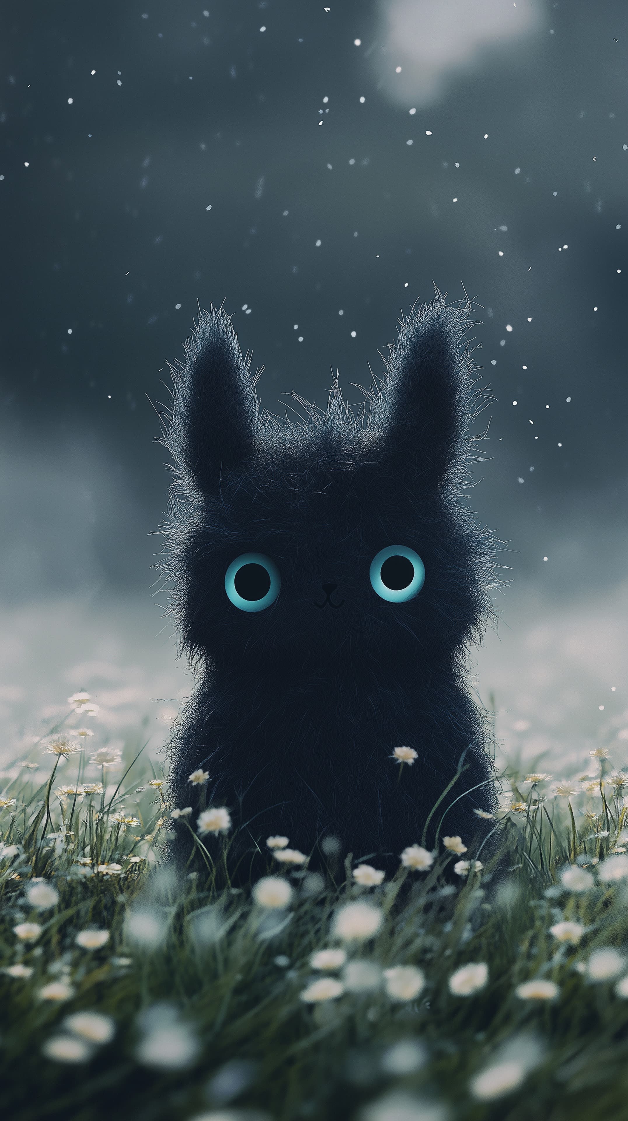 Dreamy Fluffy Black Cat in a Moonlit Meadow of Daisies - High Resolution animal Wallpaper for Mobile and Desktop
