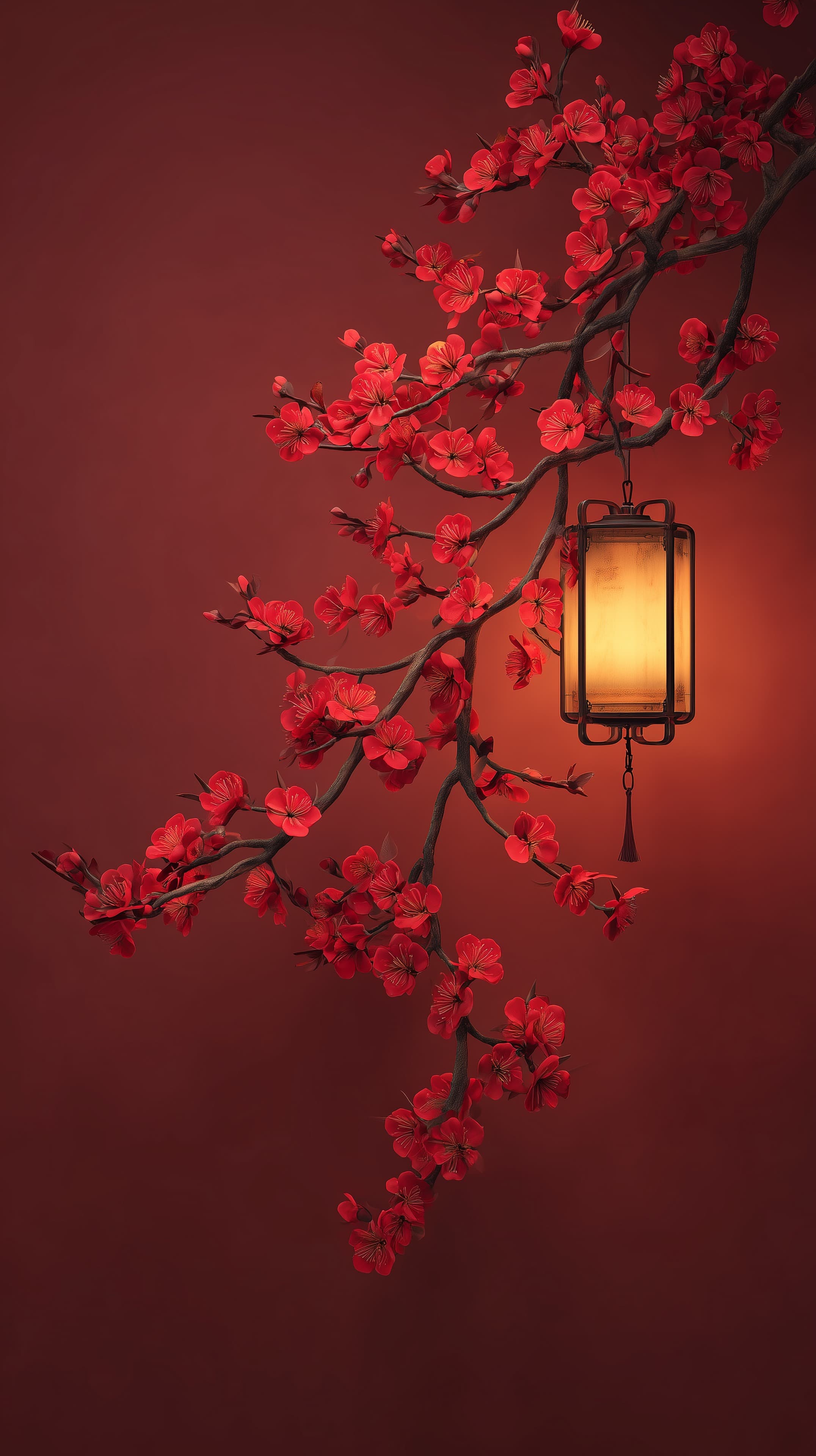 Red Blossom Lantern Wall Art - Warm Ambient Floral Scene - High Resolution ambient-wallpaper Wallpaper for Mobile and Desktop