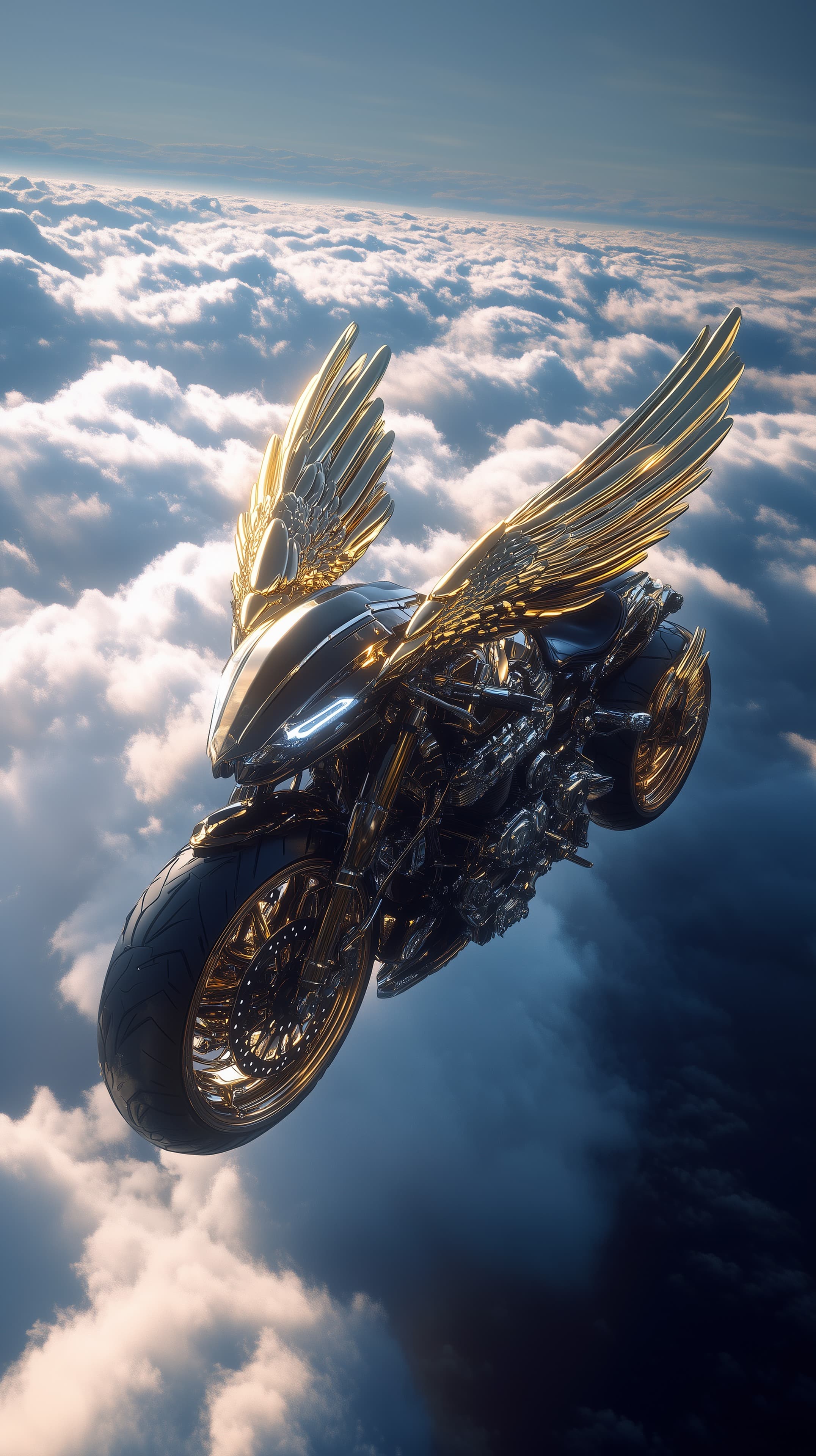 Winged Gold Motorcycle in the Sky - Fantasy Wallpaper - High Resolution 3d-render Wallpaper for Mobile and Desktop