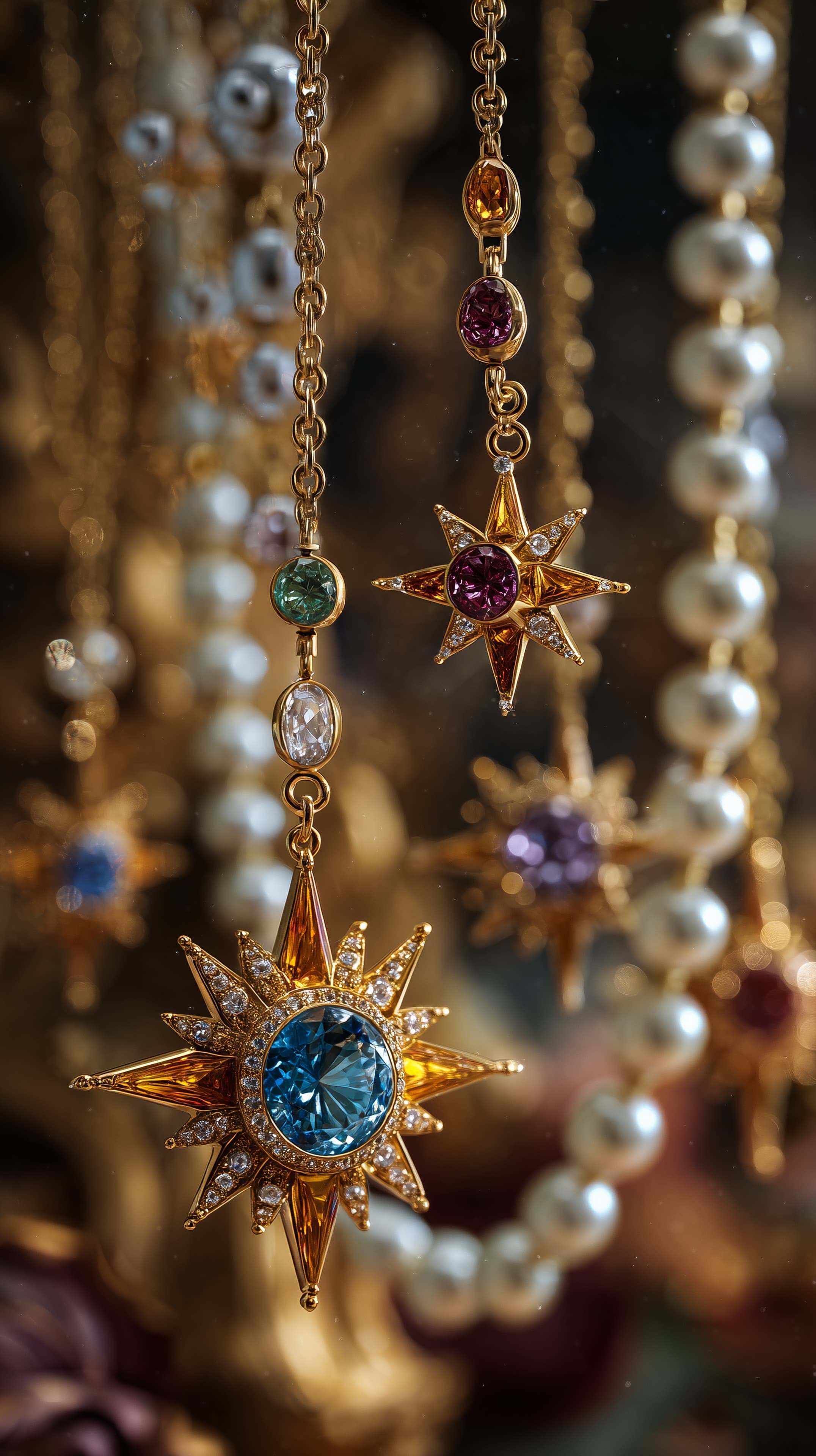 Golden Starburst Pendant Necklace with Gemstone Ornaments - High Resolution fine-jewelry-photography Wallpaper for Mobile and Desktop