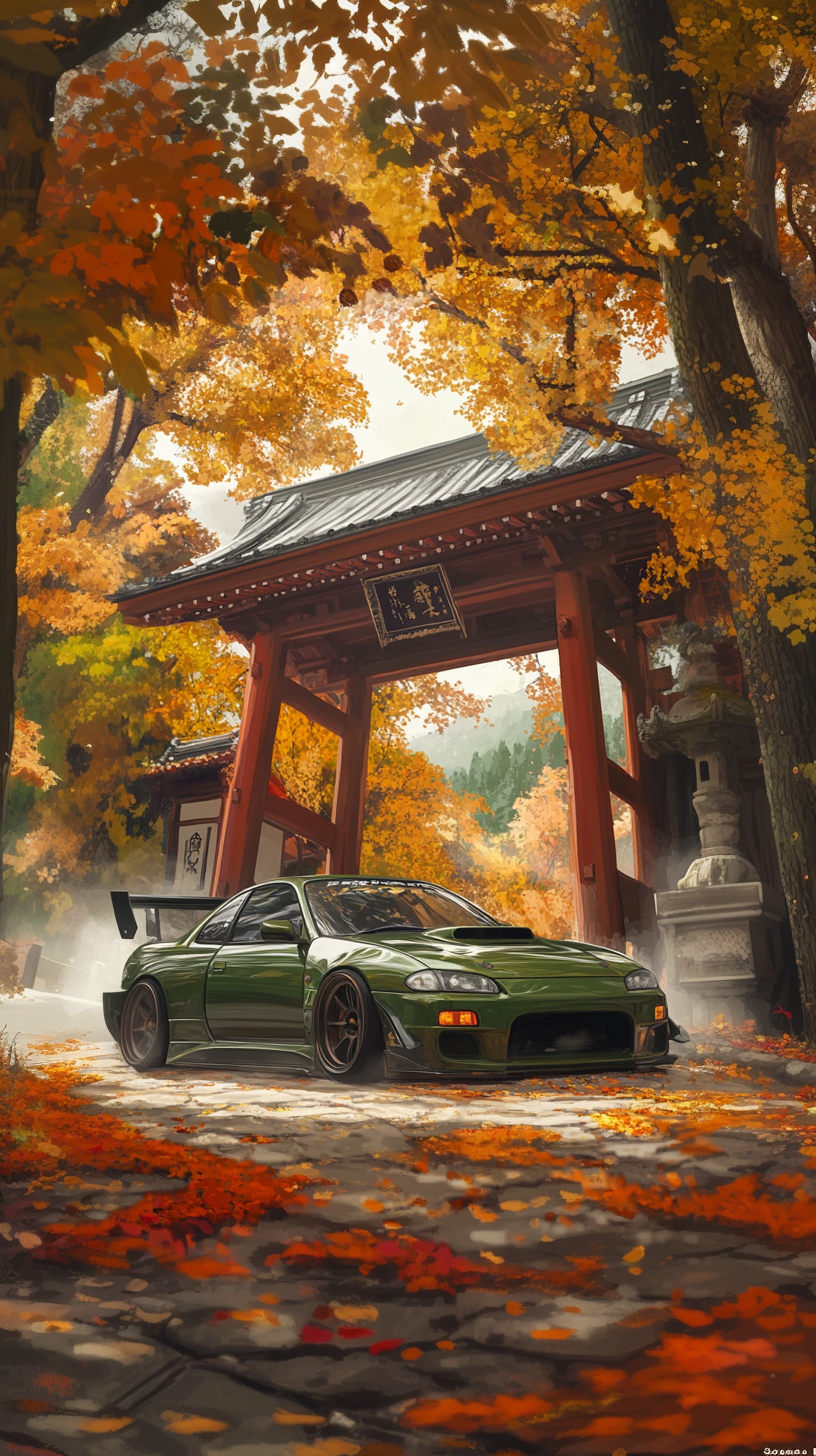 Autumn Forest Temple Gate with Green Sports Car – Cinematic Wallpaper - High Resolution autumn Wallpaper for Mobile and Desktop