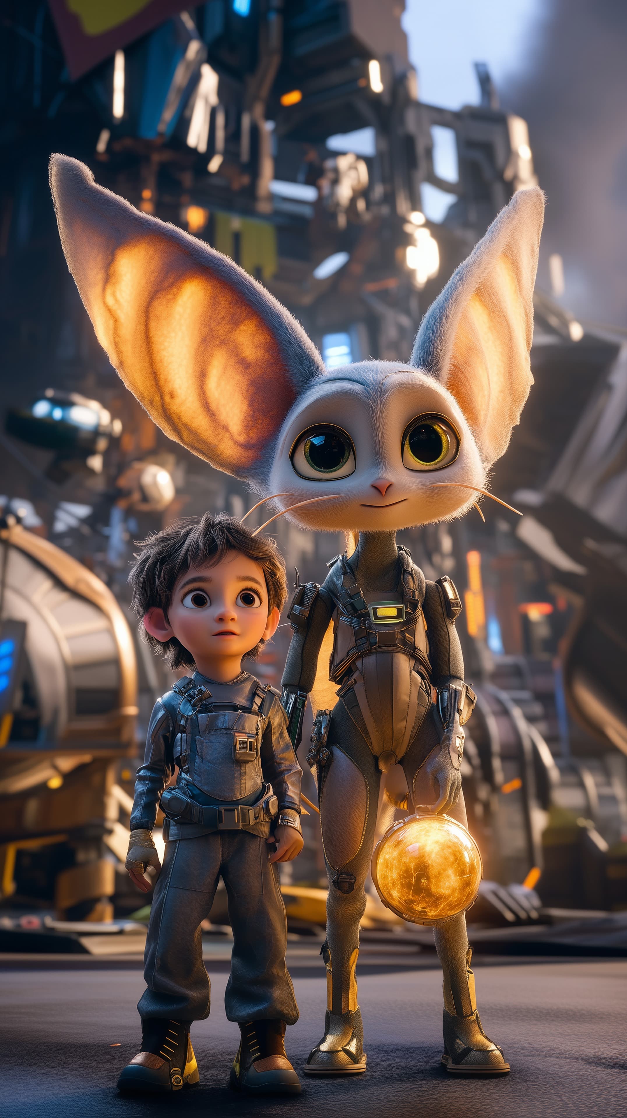 Adorable Space Duo: Boy and Bunny in a Neon Workshop - High Resolution 3d-art Wallpaper for Mobile and Desktop
