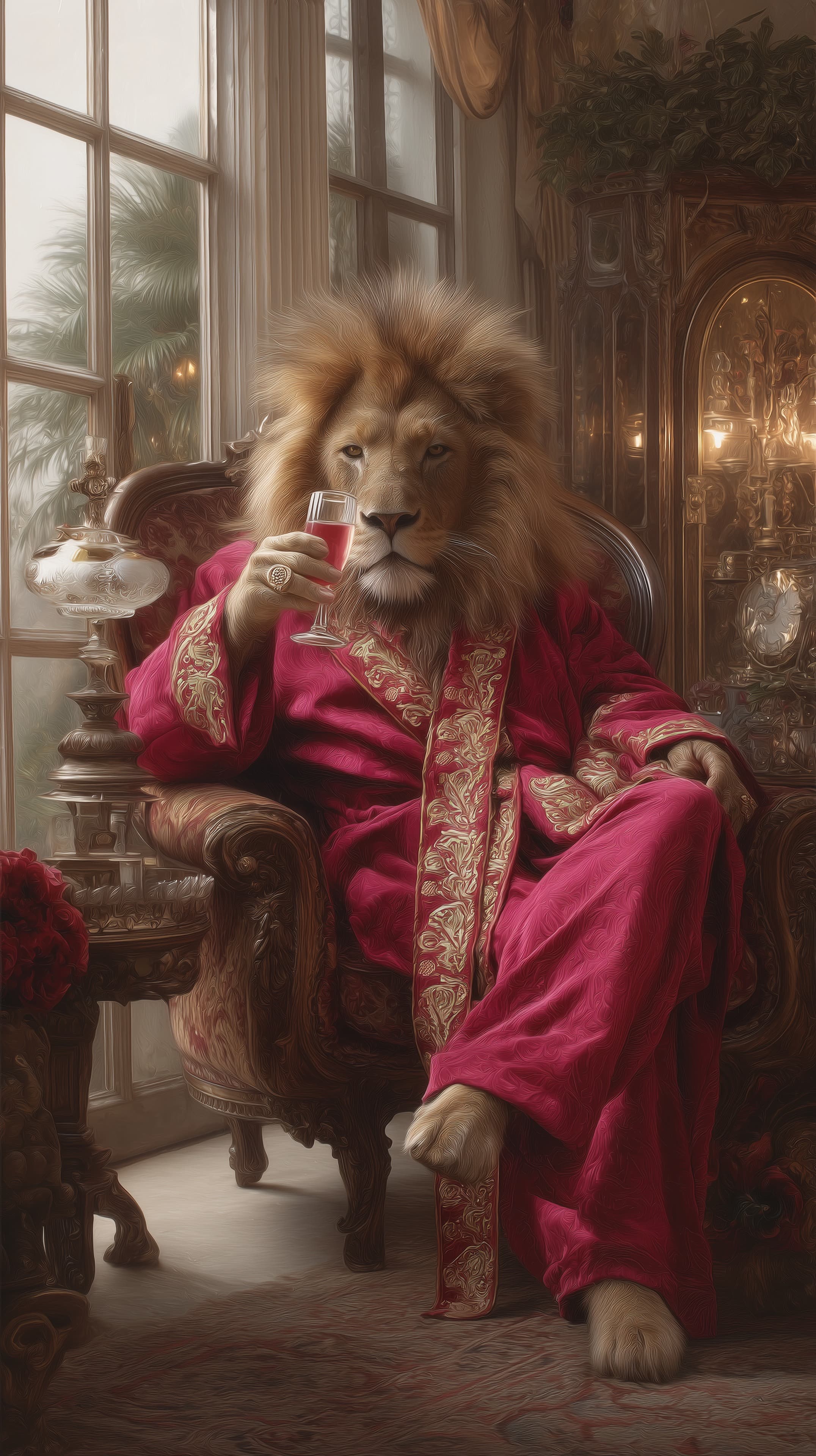 Regal Lion in Plush Red Robe: Opulent Velvet Lounge - High Resolution lion Wallpaper for Mobile and Desktop