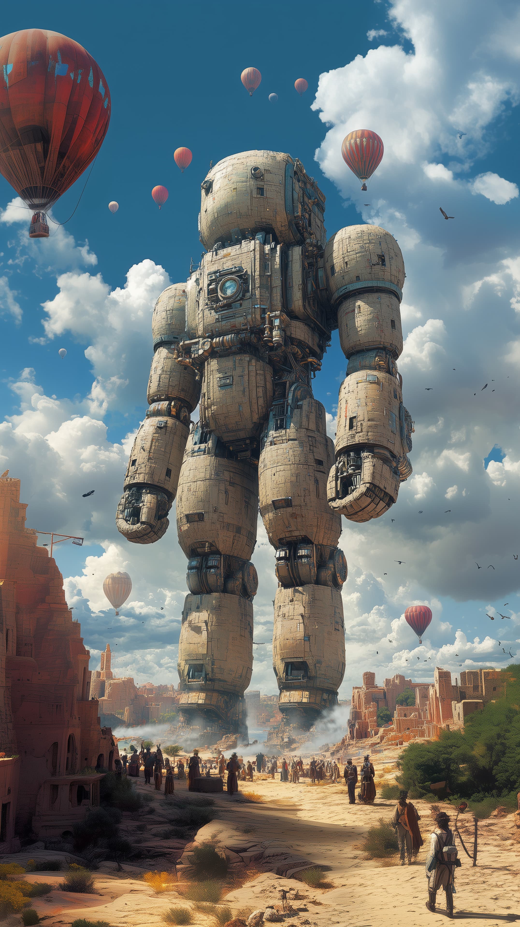Colossal Desert Mech Overlook: Giant Guardian in Distant City - High Resolution balloon-sky Wallpaper for Mobile and Desktop