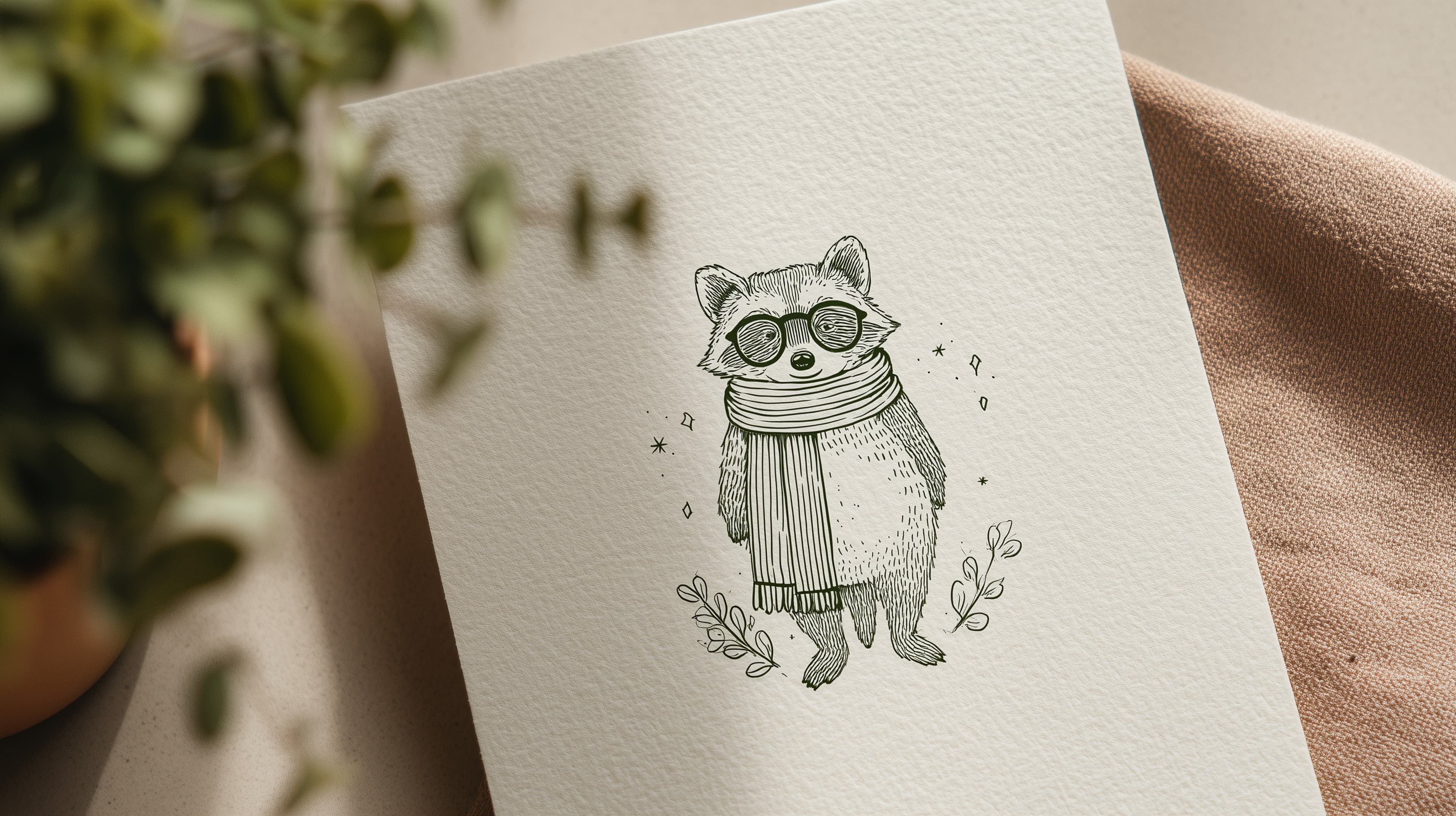 Cozy Sketch Raccoon Illustration with Scarf and Glasses - High Resolution cozy Wallpaper for Mobile and Desktop