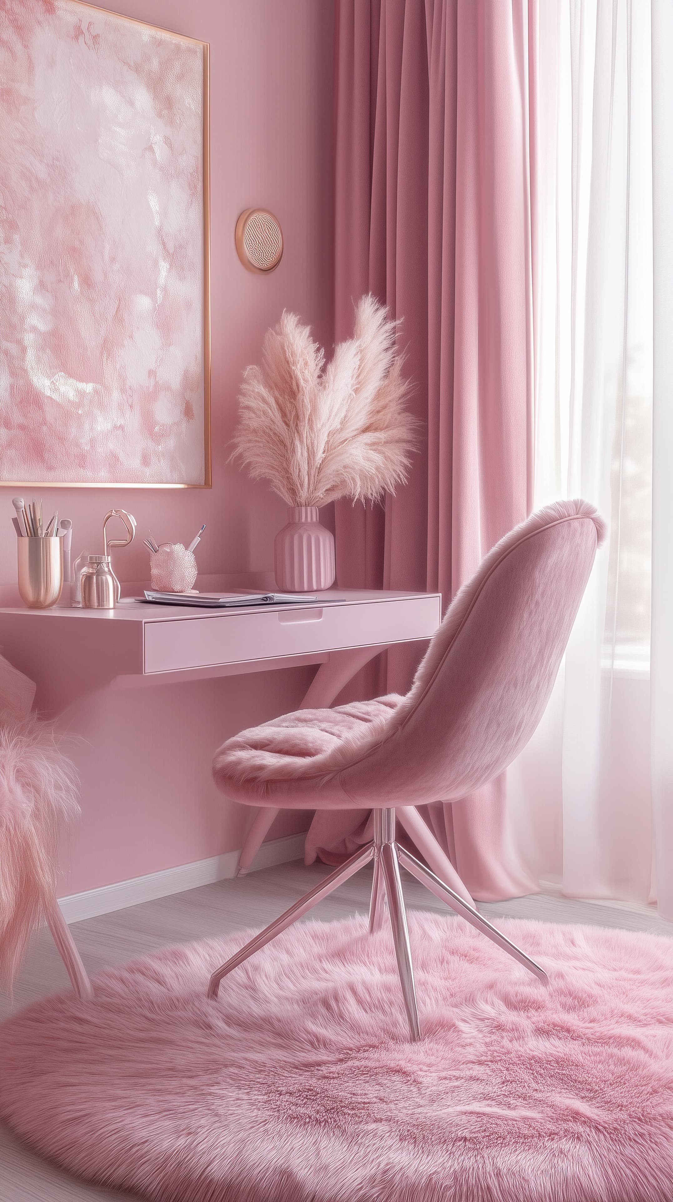 Soft Pink Cozy Office Wallpaper — Pastel Velvet Desk Scene - High Resolution cozy-desk-setup Wallpaper for Mobile and Desktop