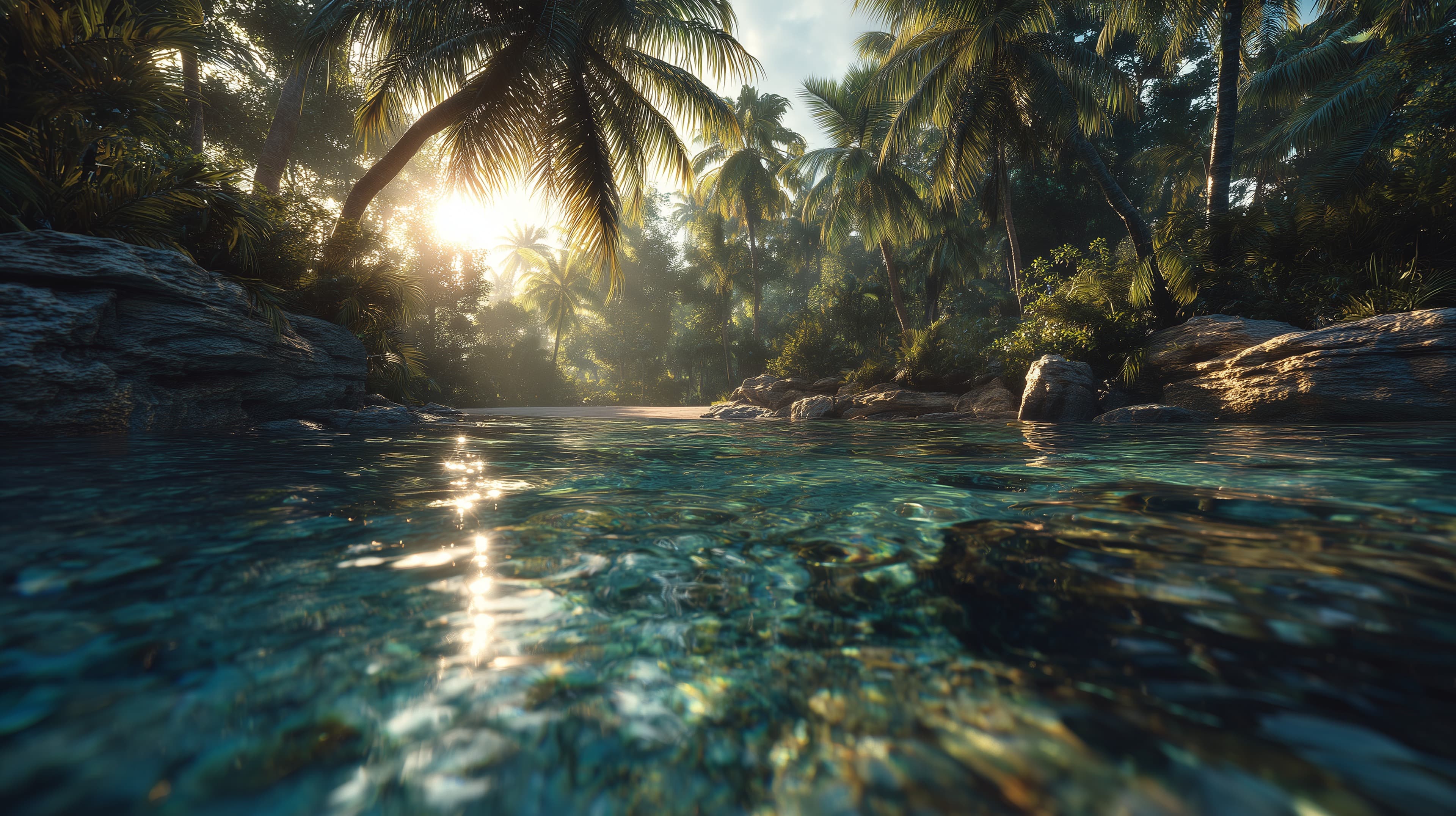 Tropical Palm-Fringed Beach at Sunrise over Clear Water - High Resolution beach Wallpaper for Mobile and Desktop