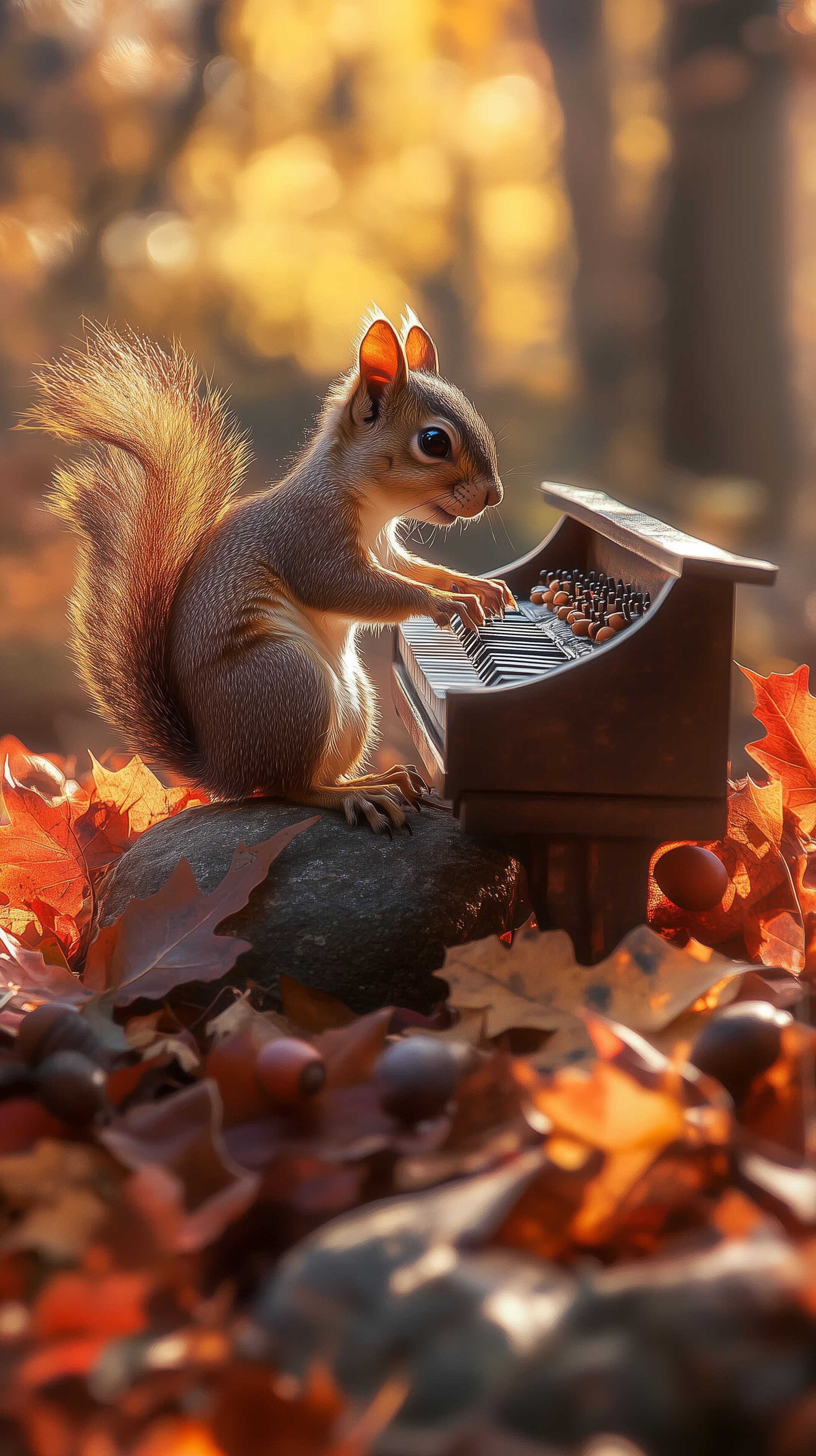 Autumn Squirrel Playing Mini Piano in Warm Forest Light - High Resolution autumn Wallpaper for Mobile and Desktop